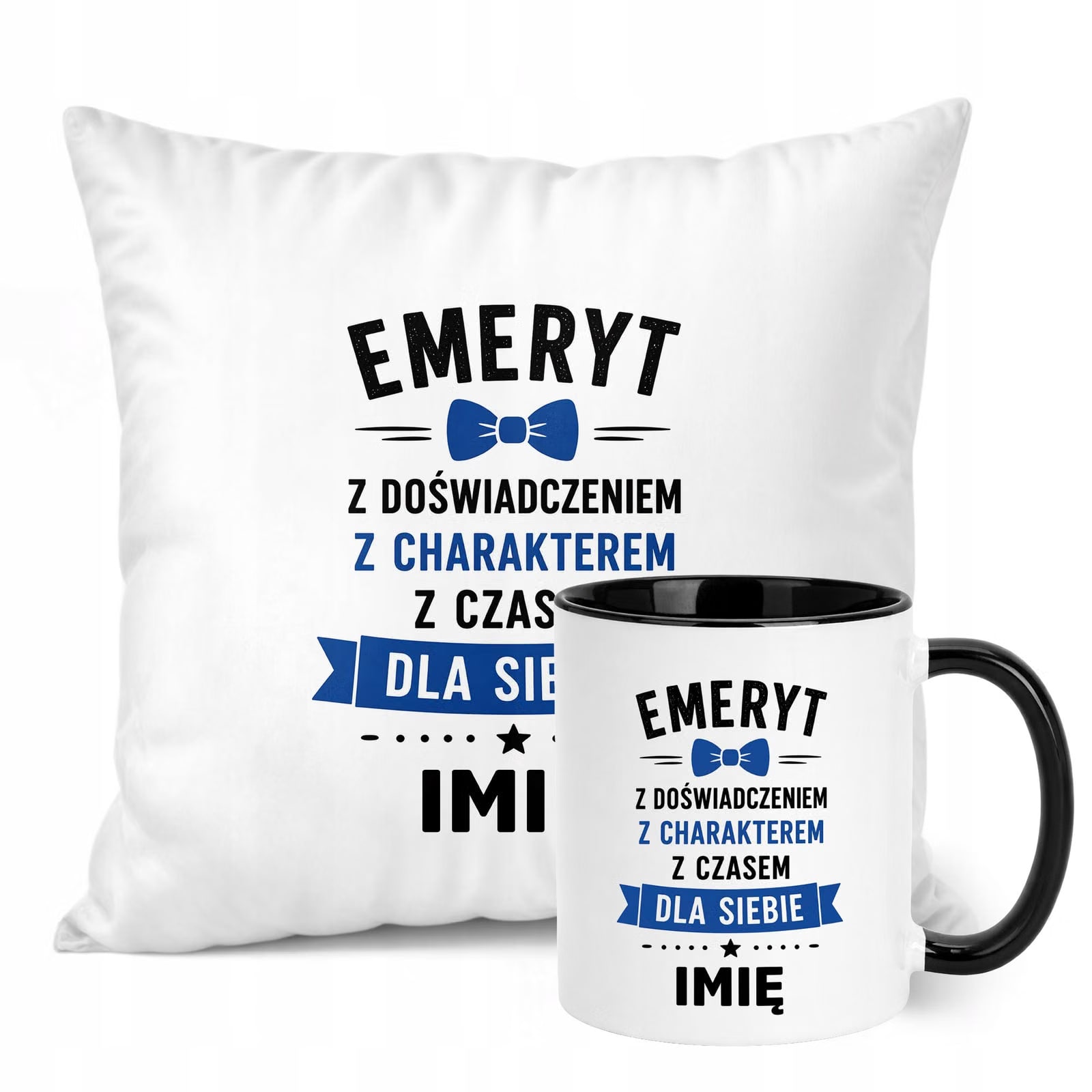 Zestaw Personalizowany Kubek Czarny Poduszka Emerytura Upominek Prezent