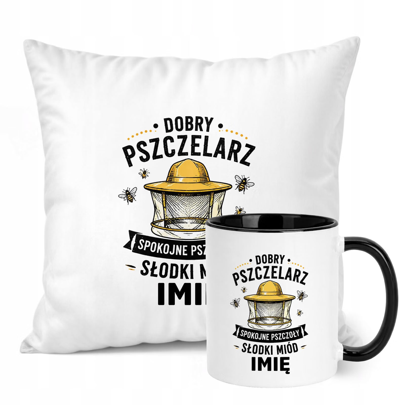 Zestaw Personalizowany Kubek Czarny Poduszka Z Nadrukiem Dla Pszczelarza