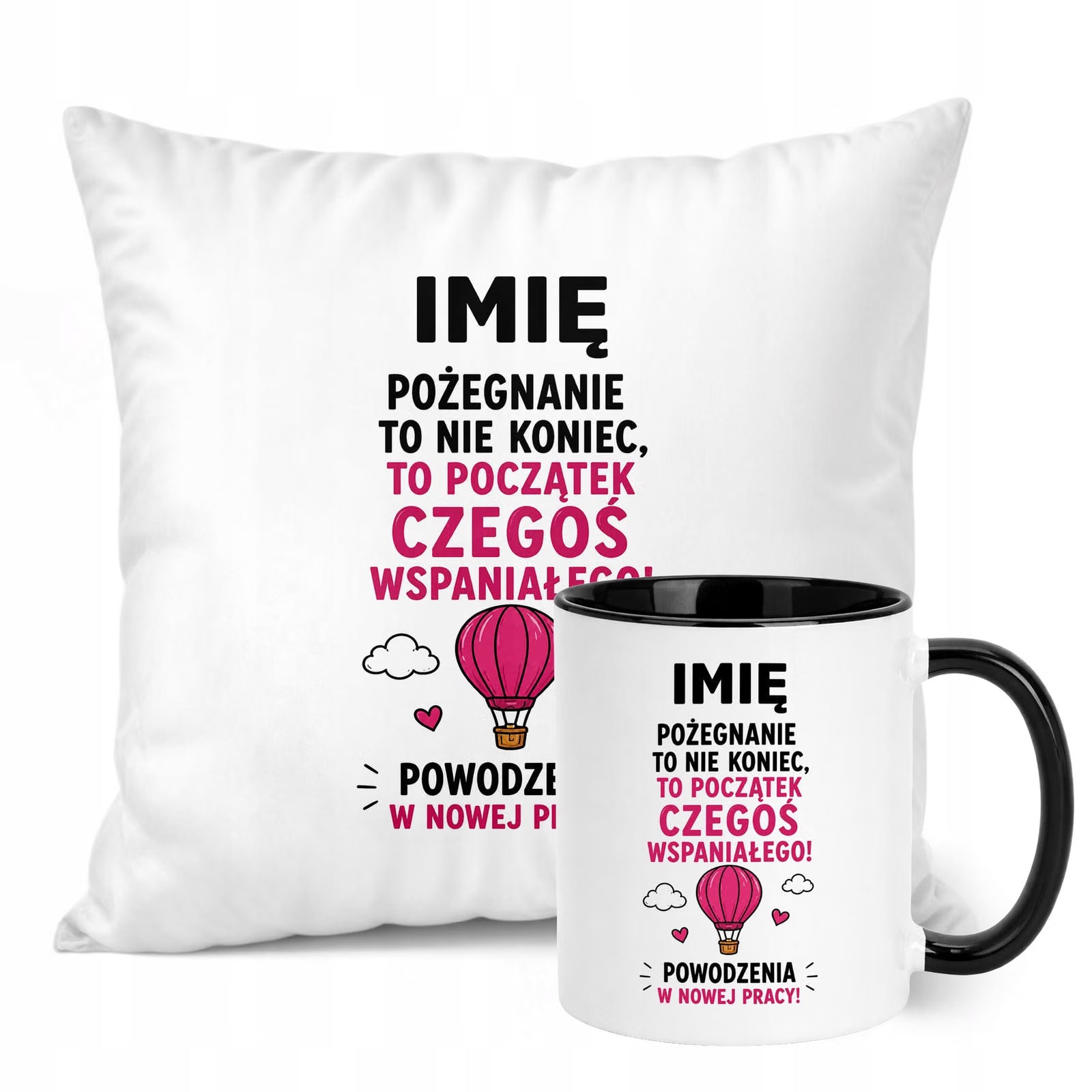 Zestaw Personalizowany Kubek Czarny Poduszka Odejście z Pracy Prezent