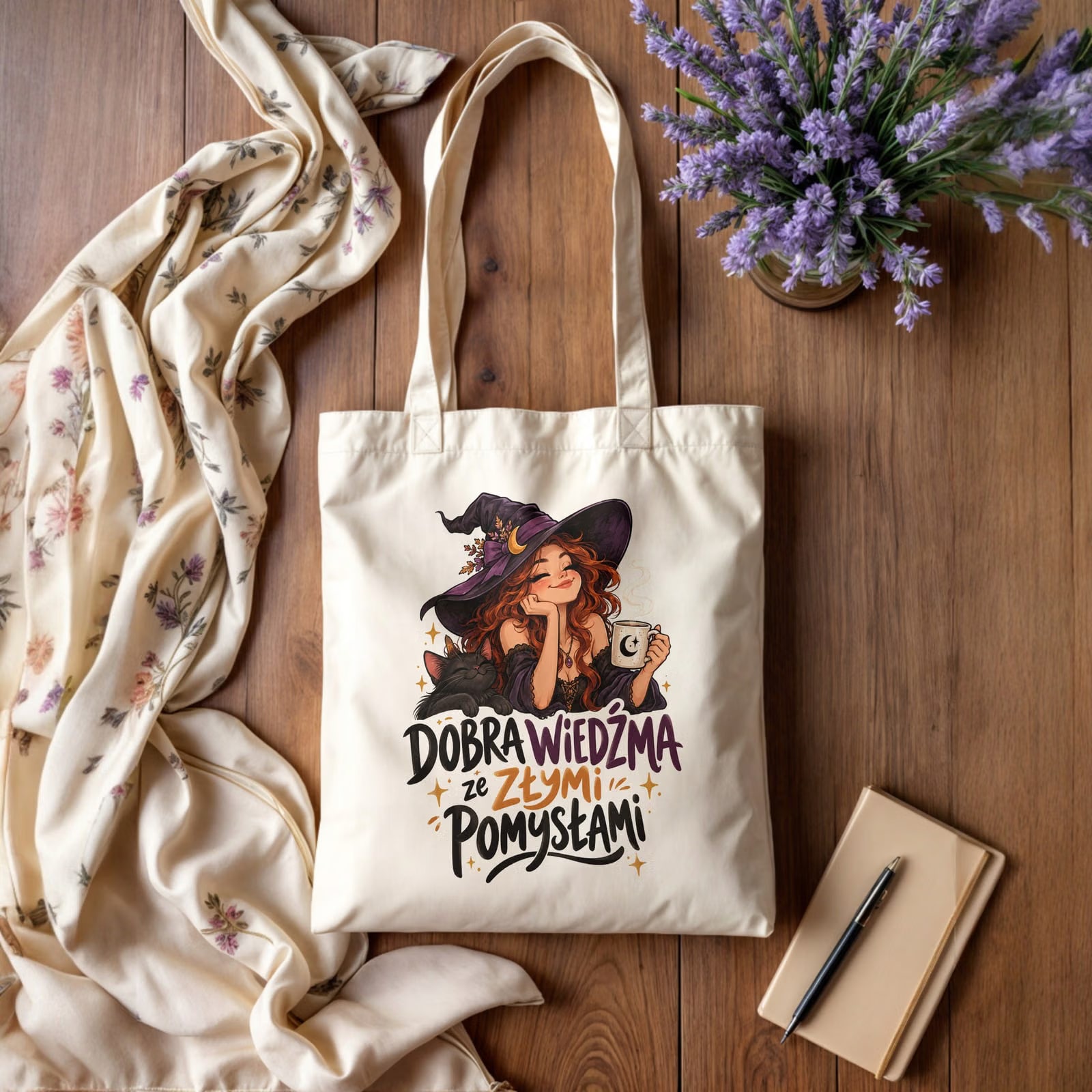 Torba shopper bawełniana wiedźma kobieta na zakupy z nadrukiem