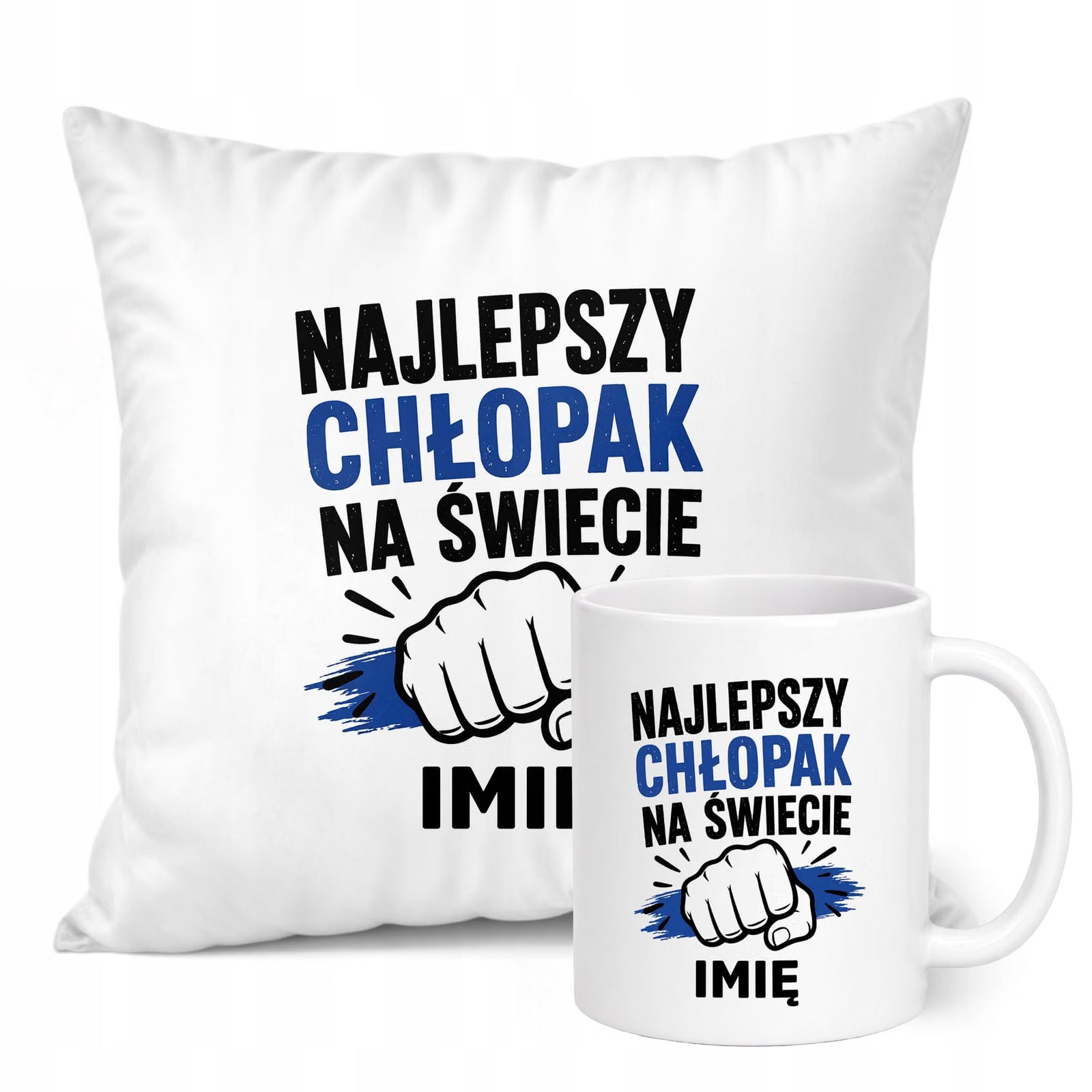 Zestaw Personalizowany Kubek Biały Poduszka Dzień Chłopaka Z Nadrukiem