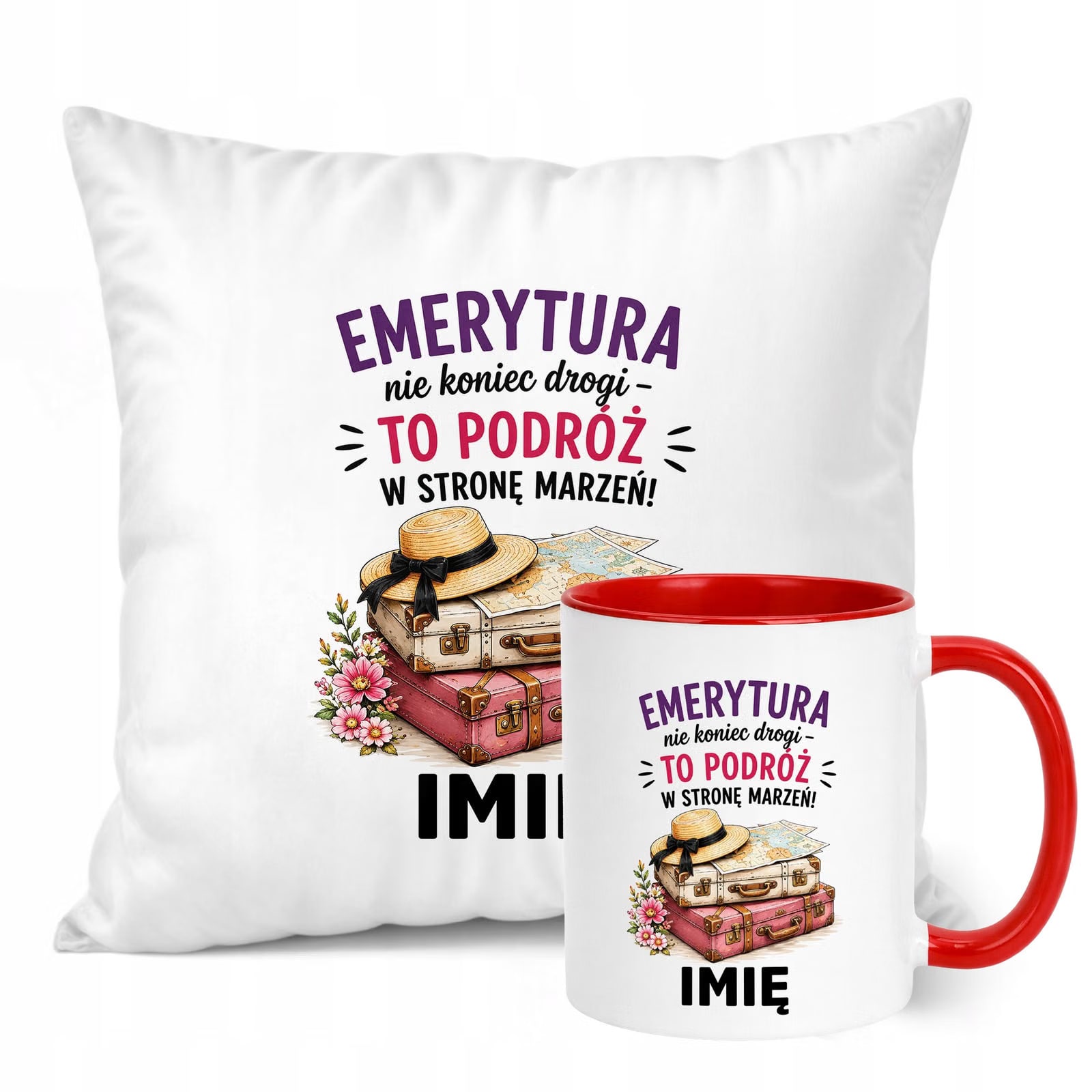 Zestaw Personalizowany Kubek Czerwony Poduszka Emerytura Upominek Prezent
