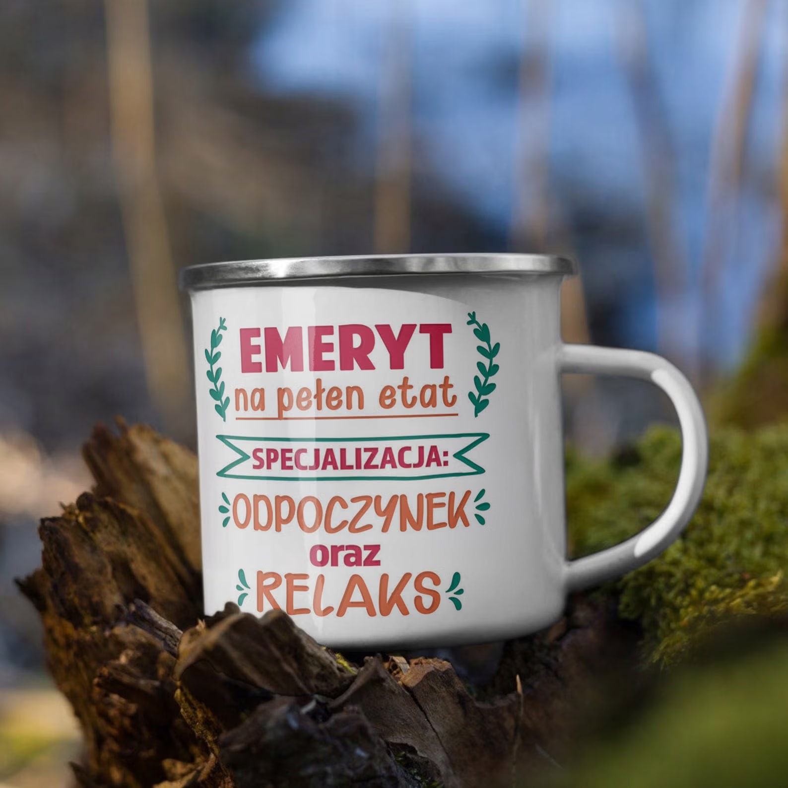 Kubek Emaliowany z okazji Emerytury Dla Emeryta z Nadrukiem Biały Metalowy