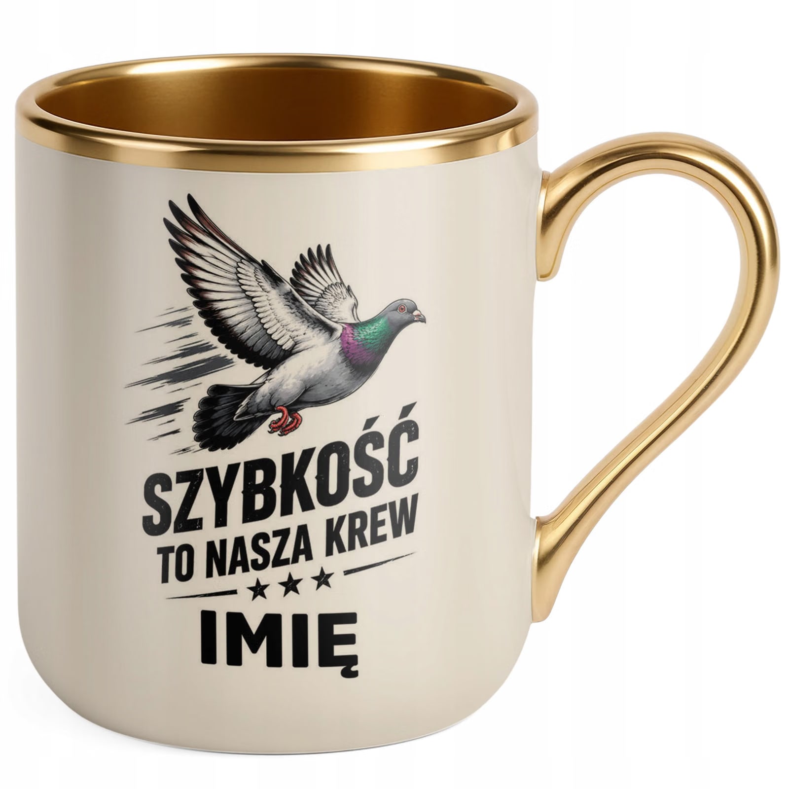 Kubek Personalizowany z nadrukiem Premium Złoty Ecru Dla Gołębiarza Prezent