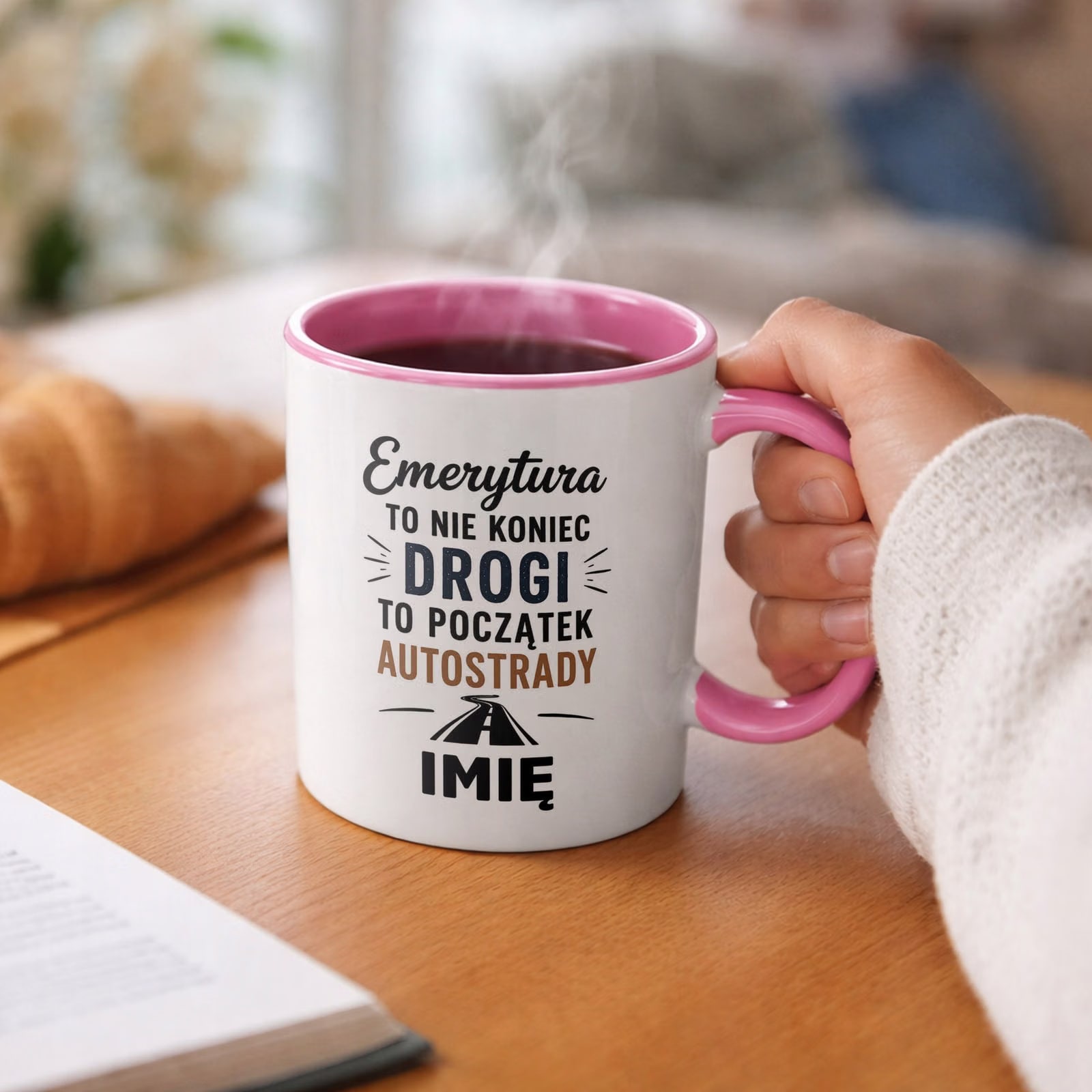 Kubek Różowy Personalizowany z Nadrukiem Emerytura Dla Emeryta Prezent