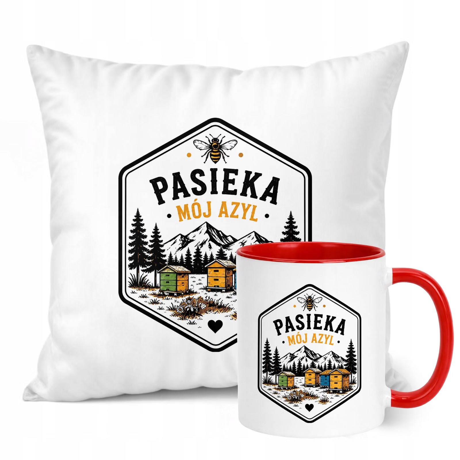 Zestaw Kubek Czerwony Poduszka Z Nadrukiem Dla Pszczelarza Prezent