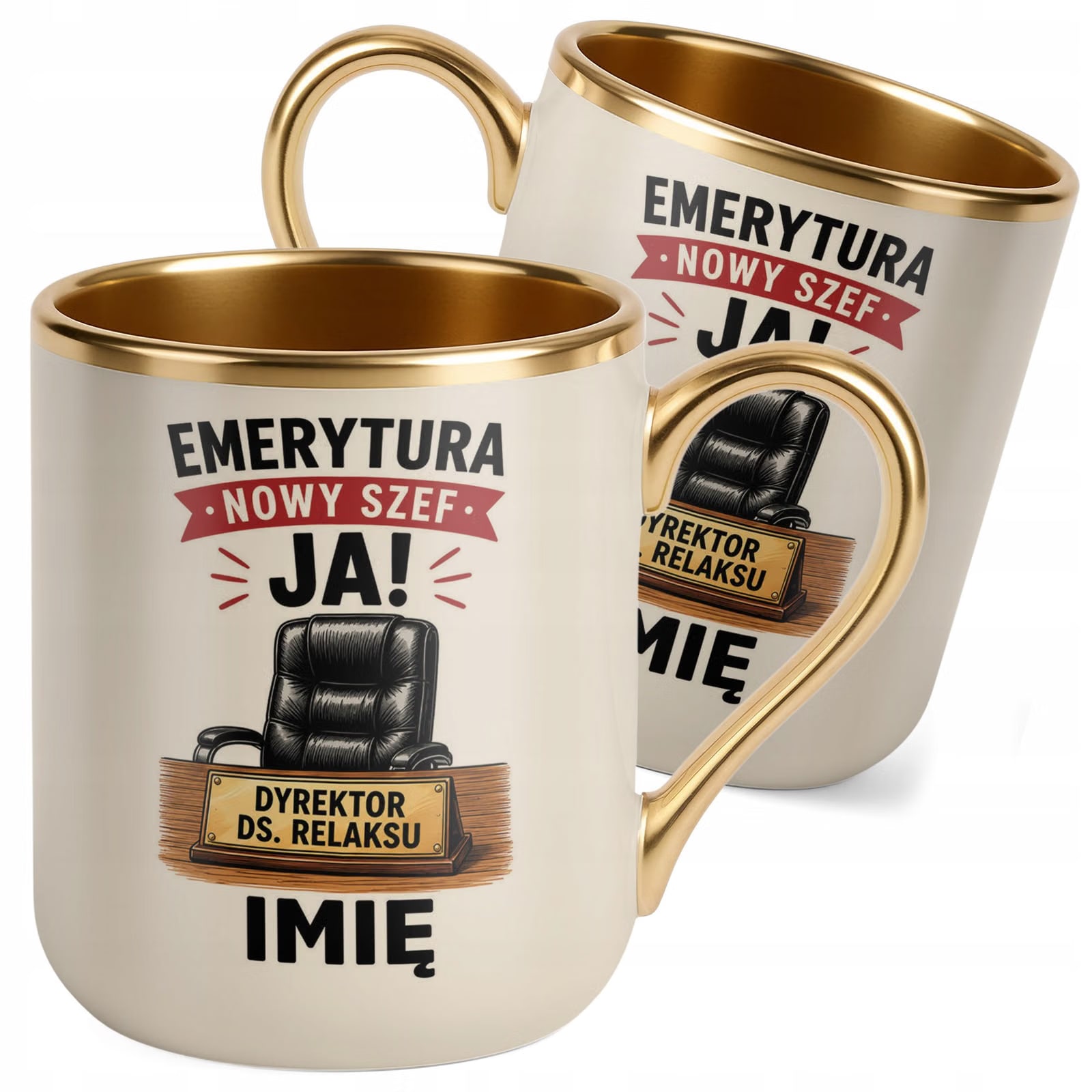 Kubek Personalizowany z nadrukiem Premium Złoty Ecru Emerytura Prezent