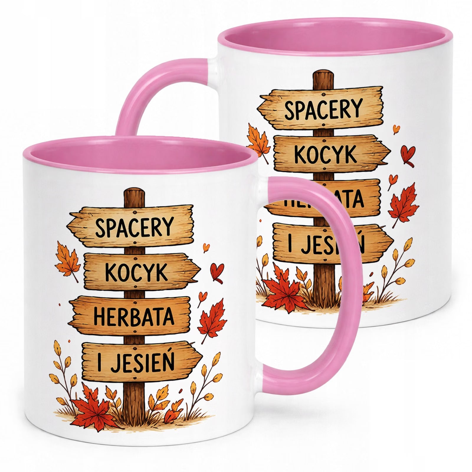 Różowy Kubek z nadrukiem Jesienny Jesień Spacery kocyk herbata Prezent