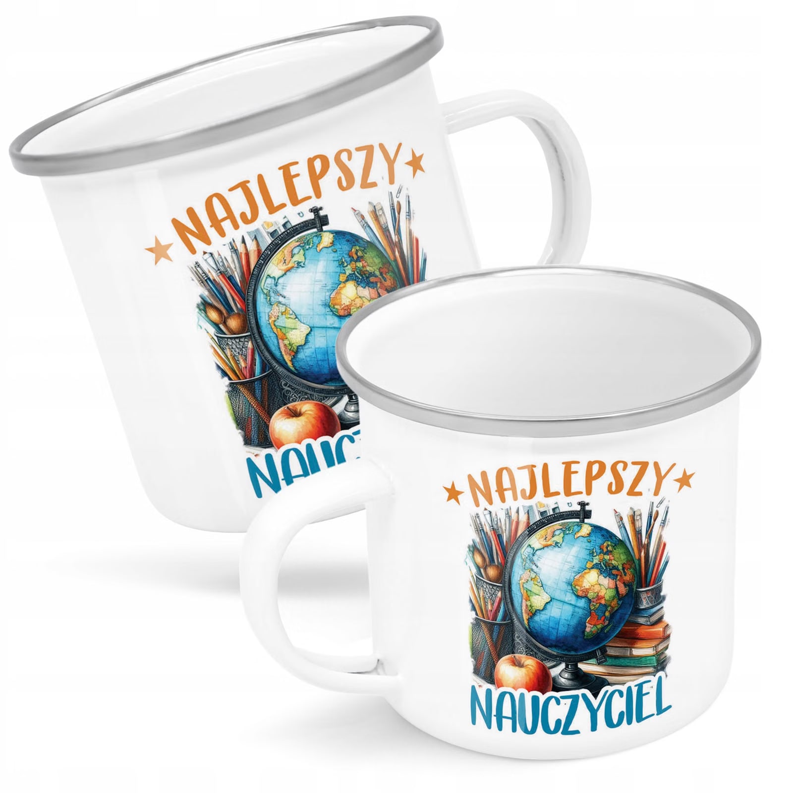 Kubek Emaliowany Najlepszy Nauczyciel Dzień z Nadrukiem Biały Metalowy