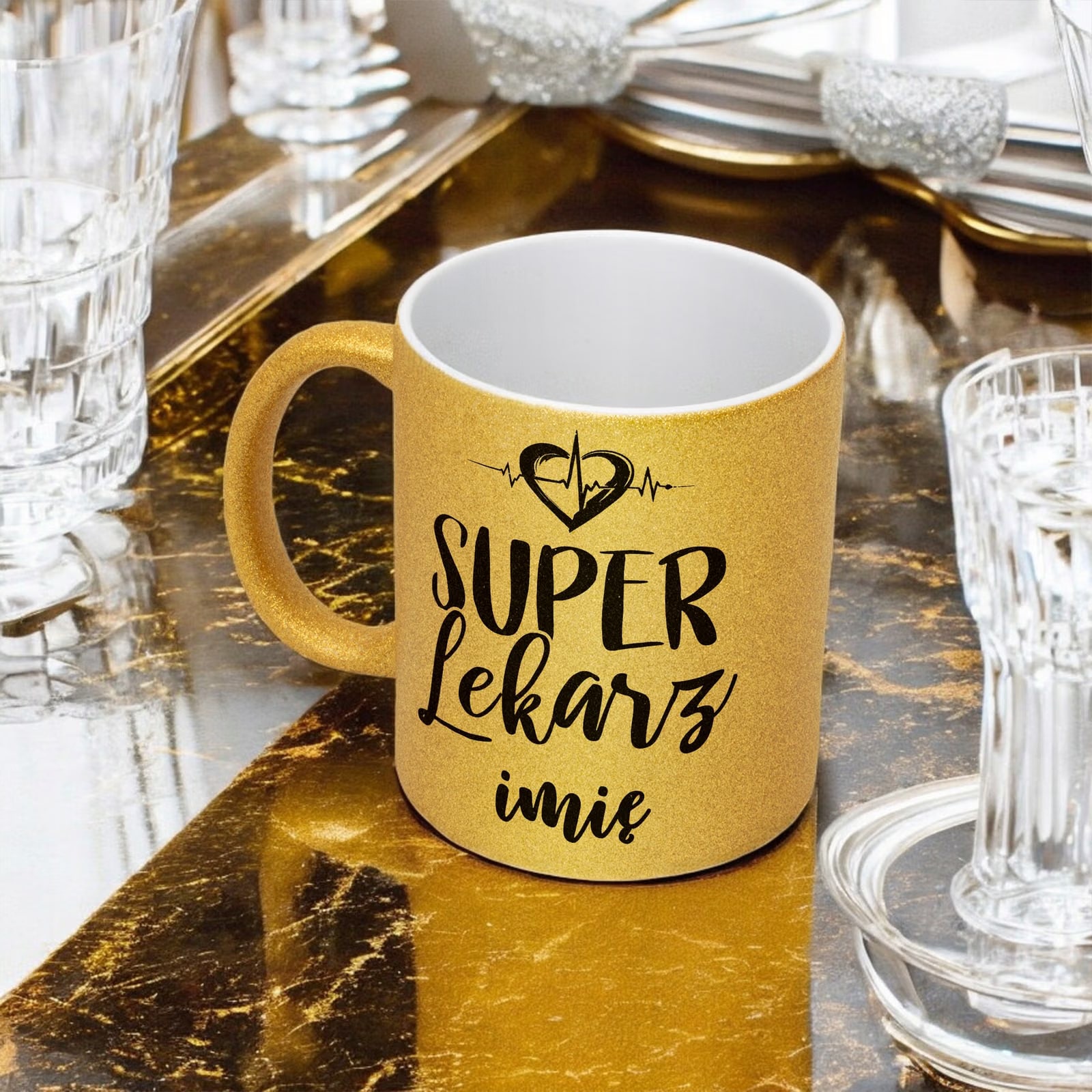 Złoty kubek brokatowy Personalizowany Super Lekarz Prezent Upominek