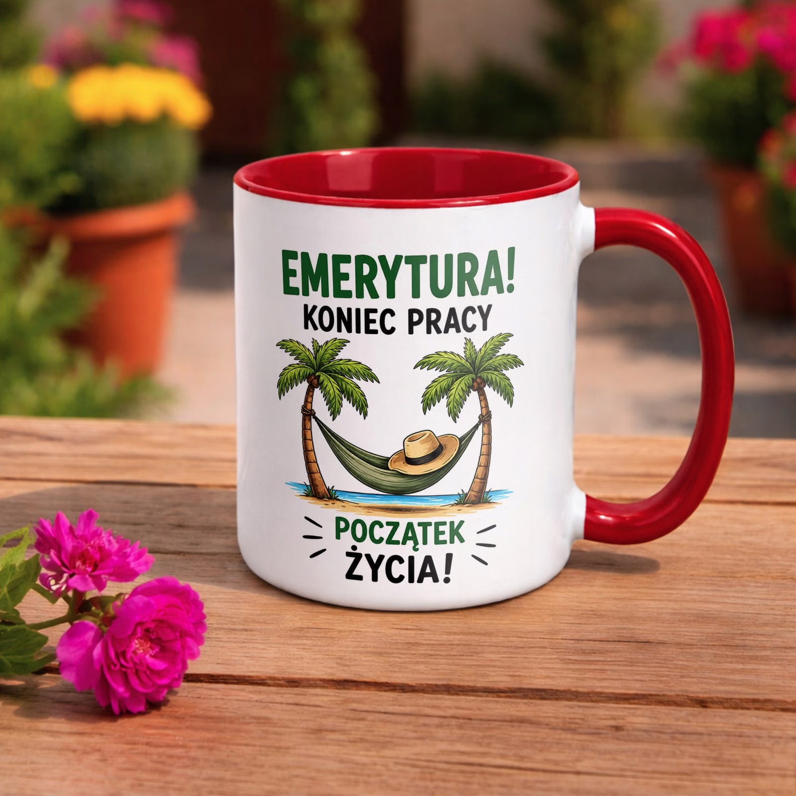 Kubek Czerwony z nadrukiem Emerytura Dla Emeryta Emerytki Upominek Prezent