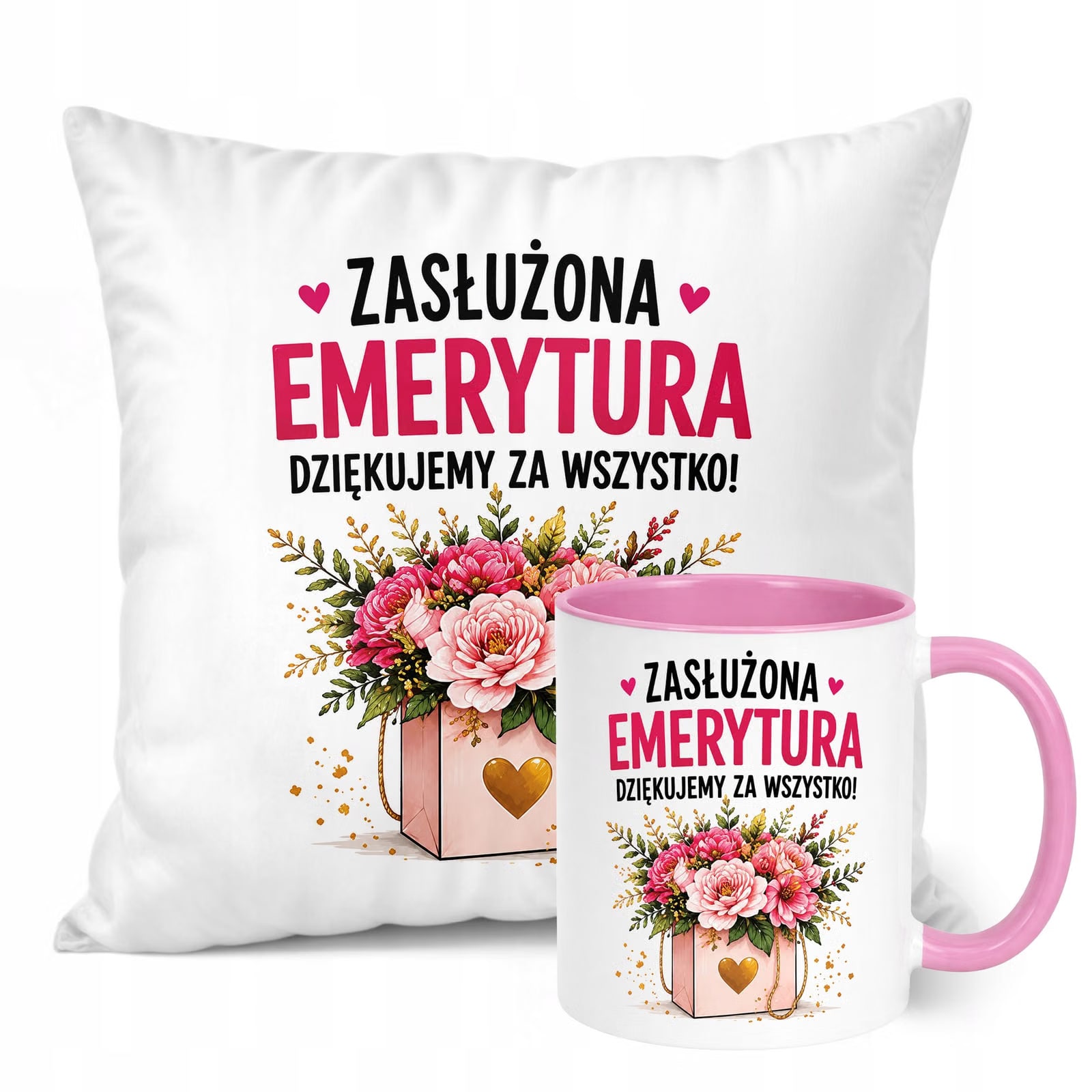 Zestaw Kubek Różowy Poduszka Z Nadrukiem Emerytura Dla Emerytki Prezent