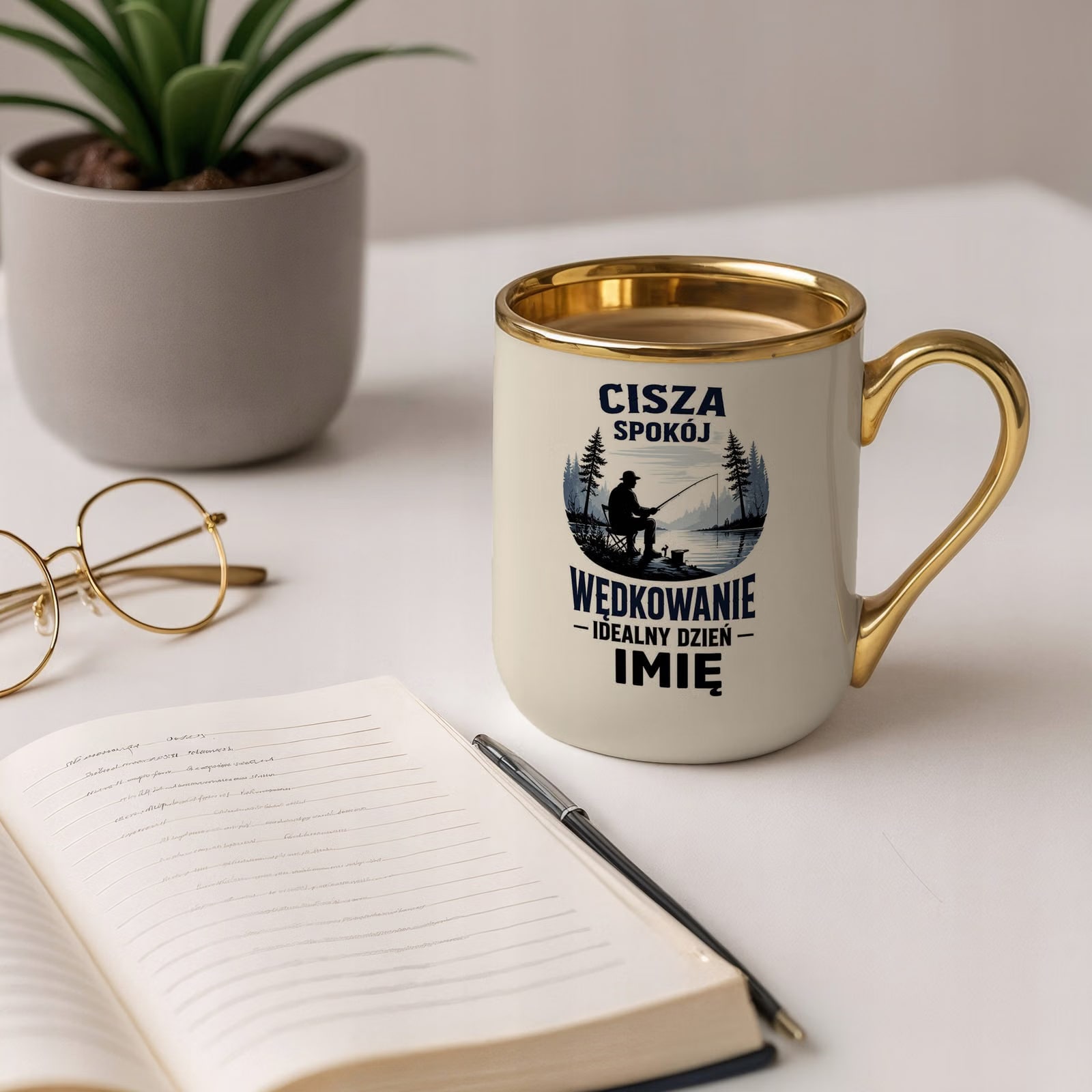 Kubek Personalizowany z nadrukiem Premium Złoty Ecru Dla Wędkarza Prezent