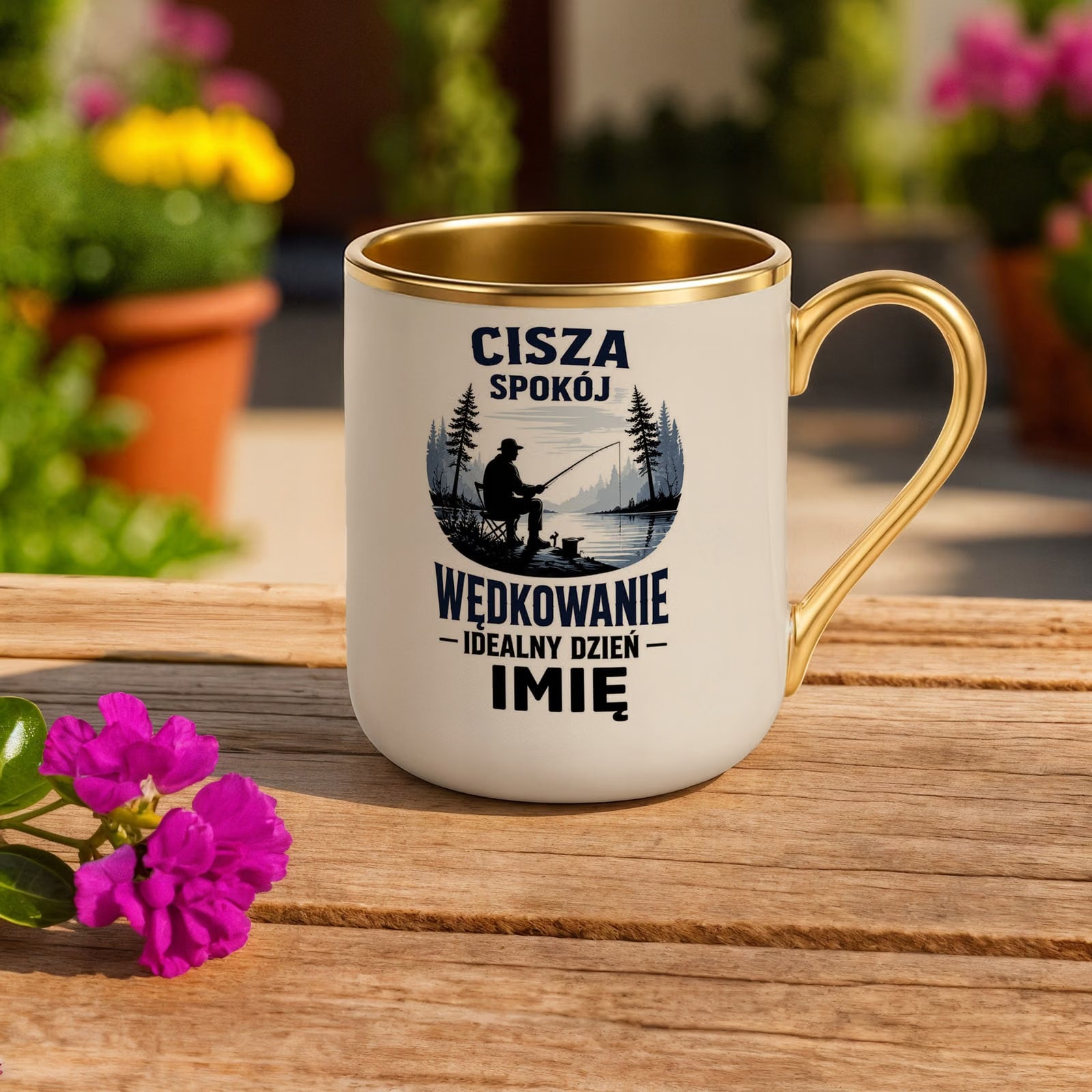 Kubek Personalizowany z nadrukiem Premium Złoty Ecru Dla Wędkarza Prezent