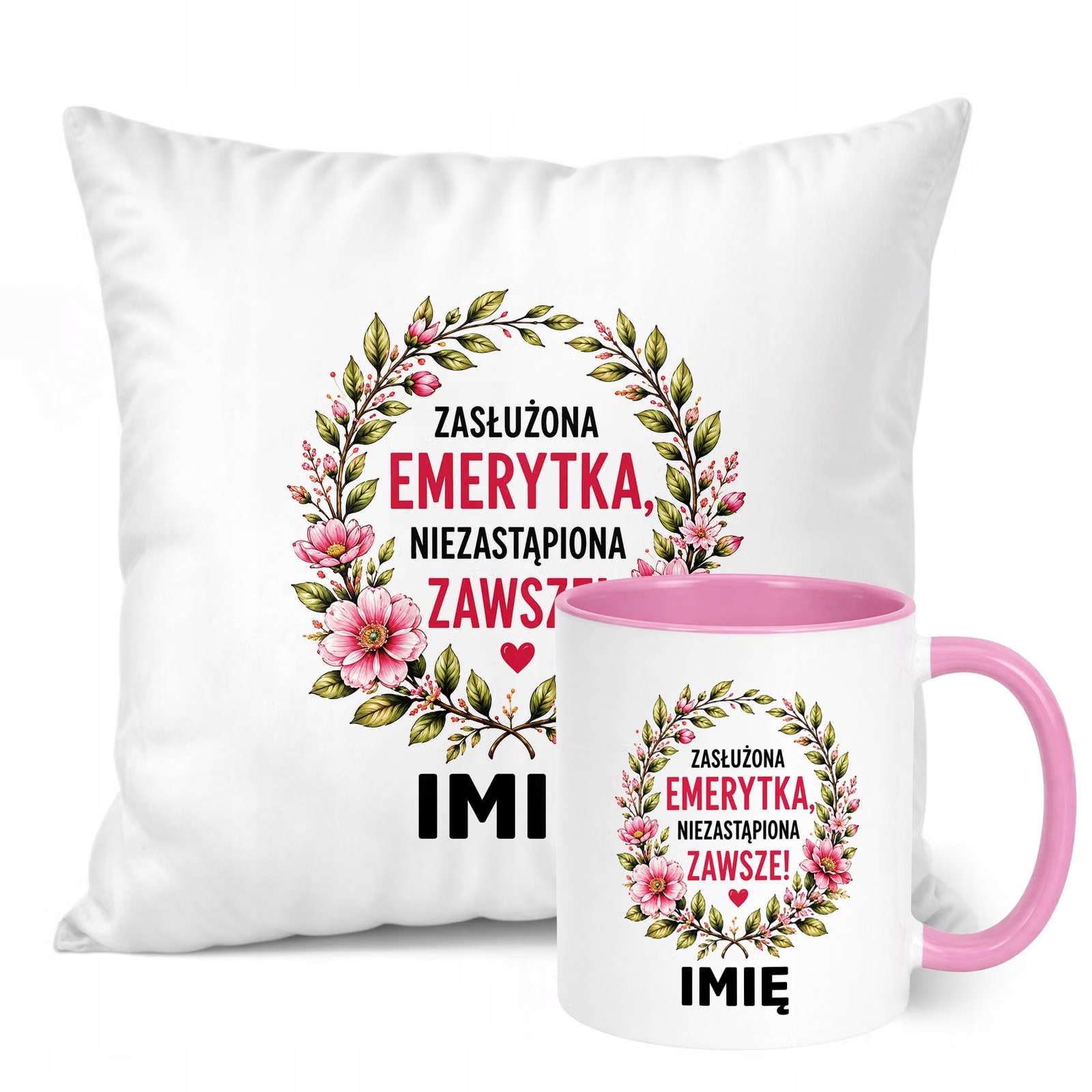 Zestaw Personalizowany Kubek Różowy Poduszka Emerytura Upominek Prezent