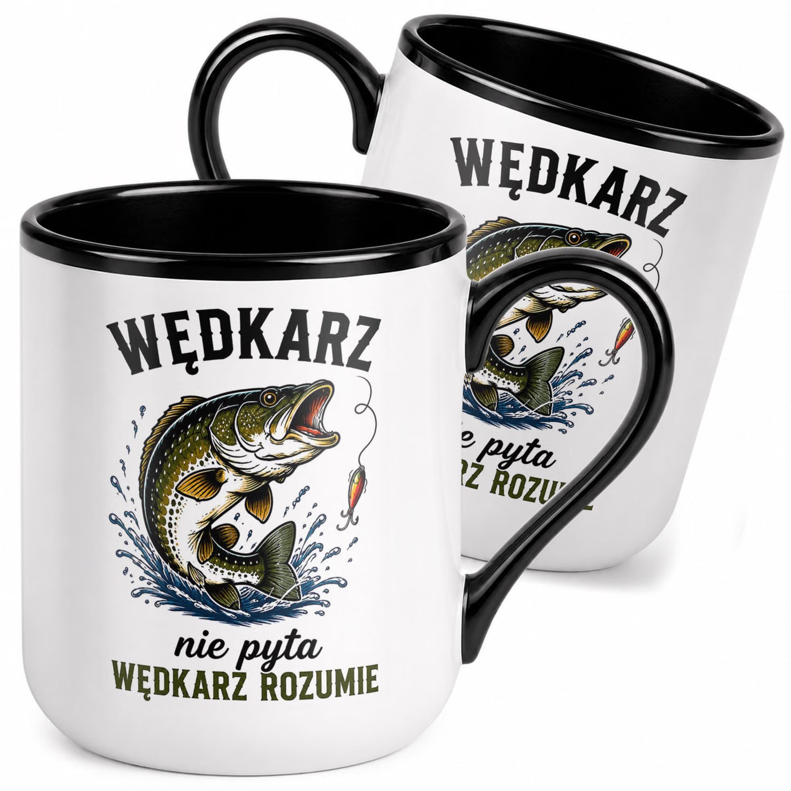 Kubek z nadrukiem Premium Czarny Dla Wędkarza Rybaka Upominek Prezent