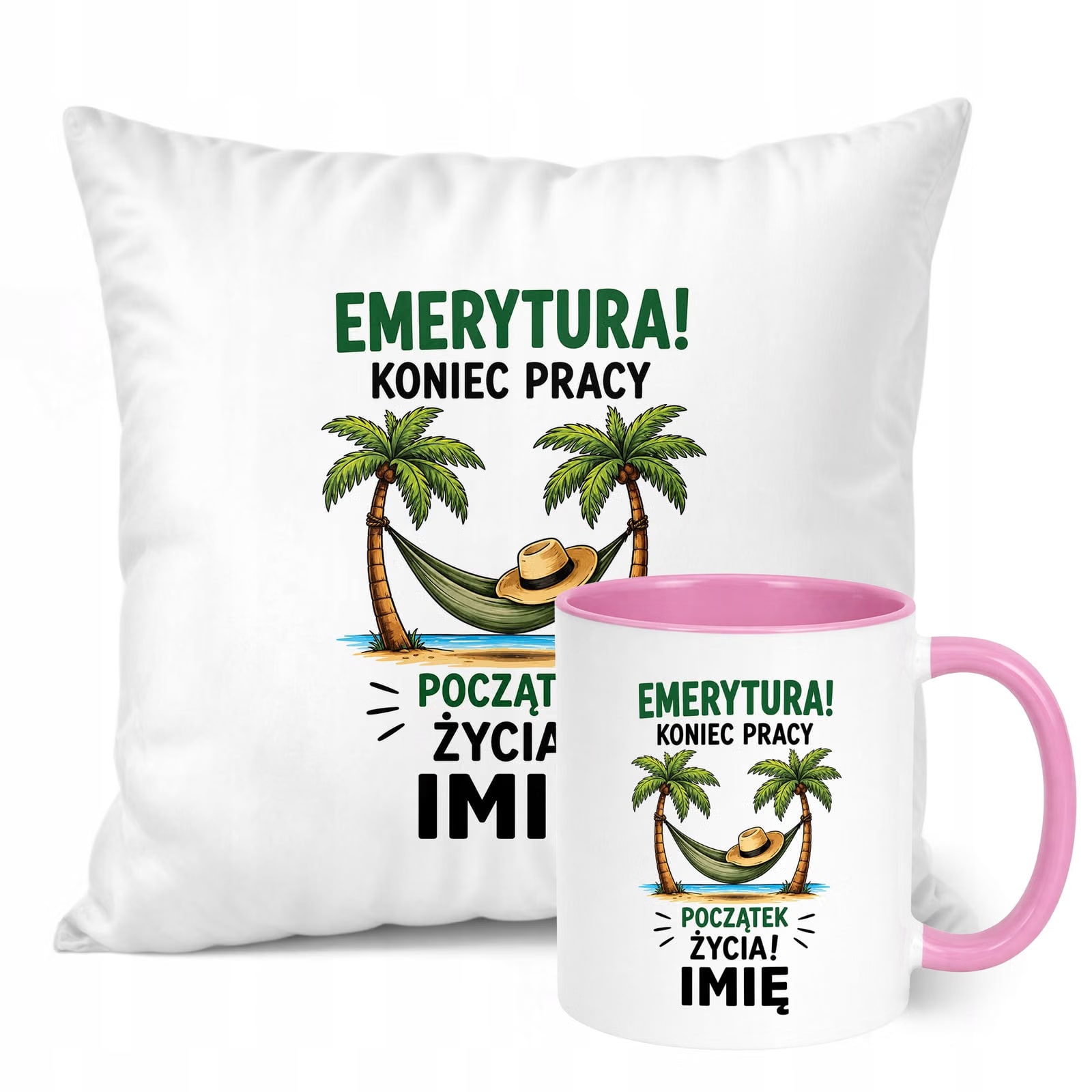 Zestaw Personalizowany Kubek Różowy Poduszka Emerytura Upominek Prezent
