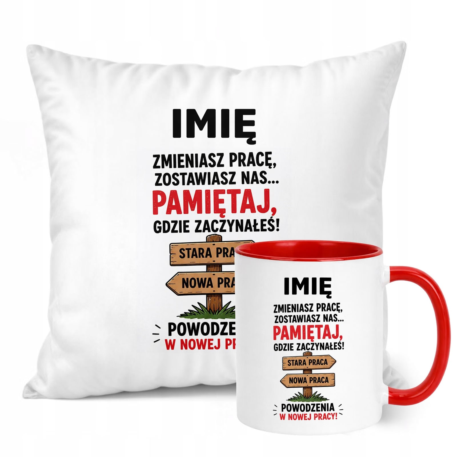 Zestaw Personalizowany Kubek Czerwony Poduszka Odejście z Pracy Prezent