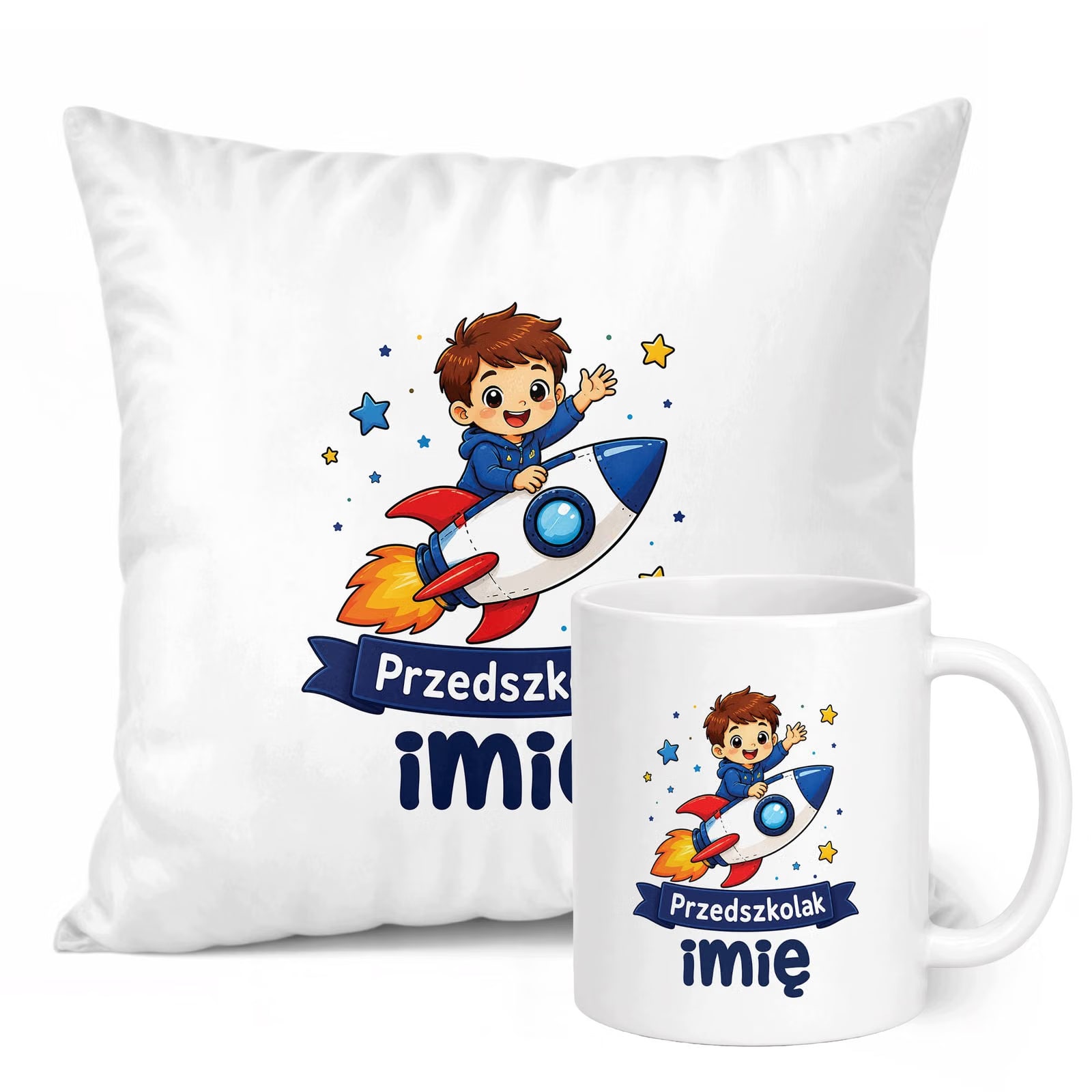 Zestaw Personalizowany Kubek Biały Poduszka Przedszkolak Rakieta