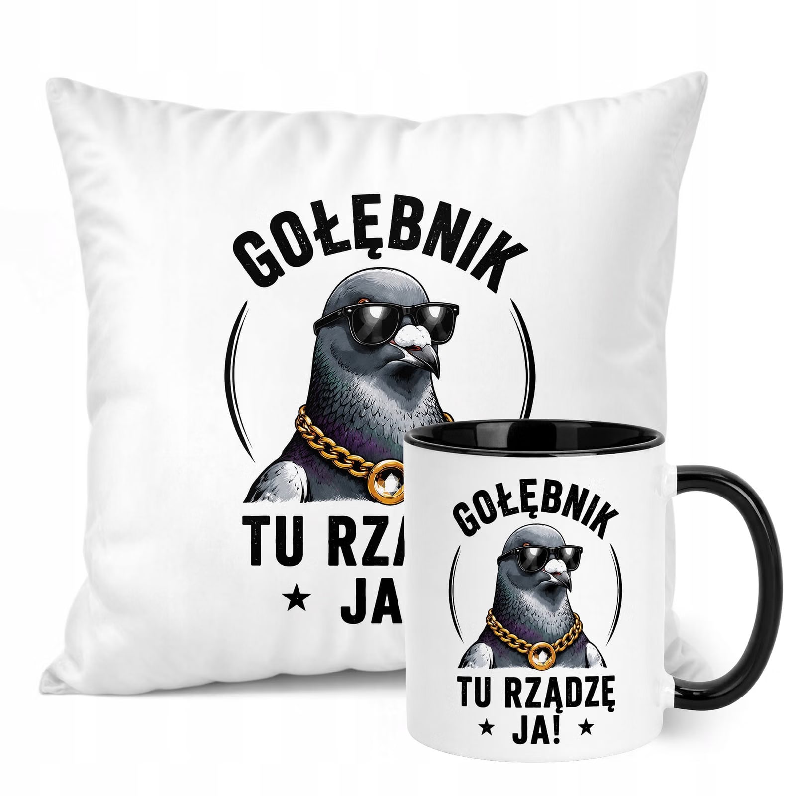 Zestaw Kubek Czarny Poduszka Z Nadrukiem Dla Gołębiarza Prezent