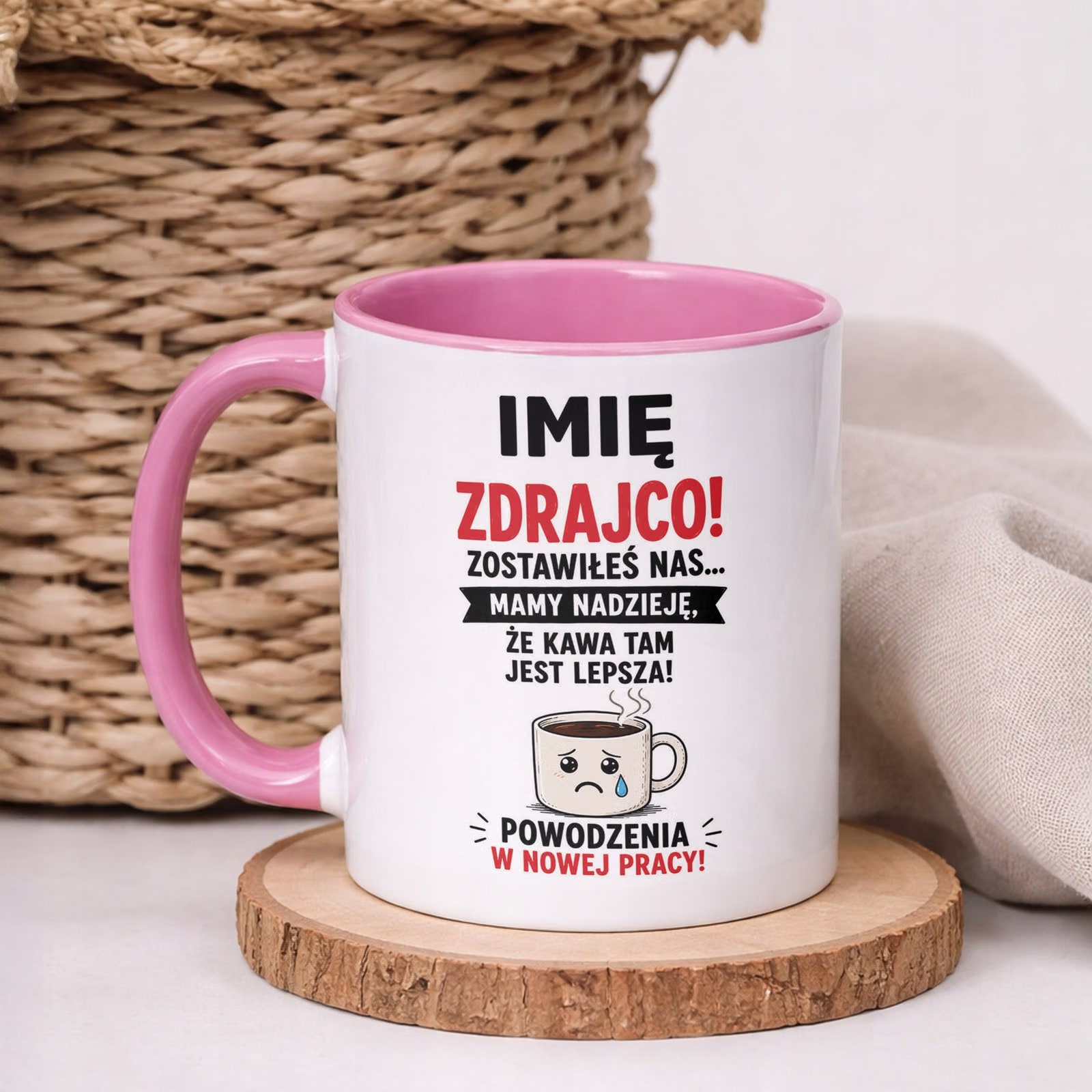 Kubek Różowy Personalizowany z Nadrukiem Pożegnanie Odejście z Pracy
