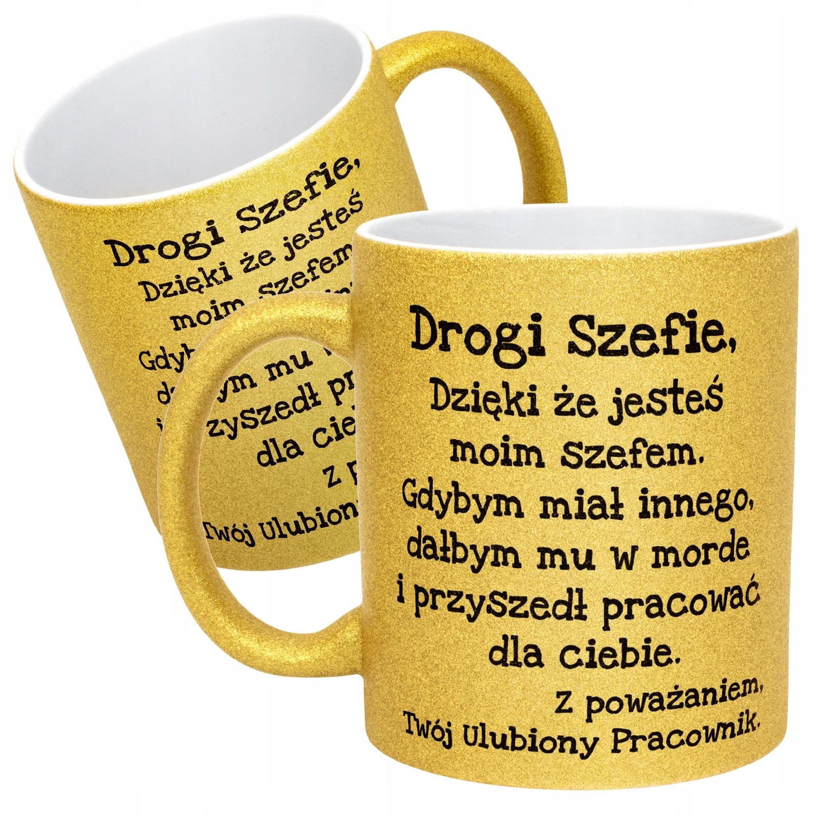 Złoty kubek brokatowy Drogi Szefie Dla Szefa Zabawny Prezent Praca