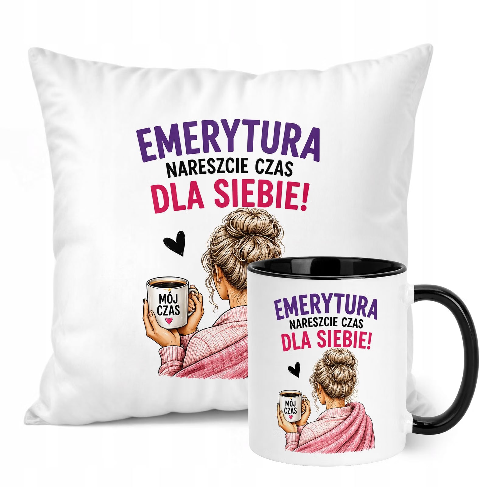 Zestaw Kubek Czarny Poduszka Z Nadrukiem Emerytura Dla Emerytki Prezent