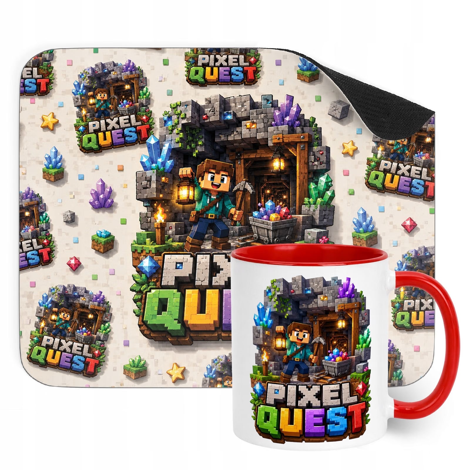 Zestaw Kubek Czerwony Podkładka pod mysz z nadrukiem gra Pixel Quest