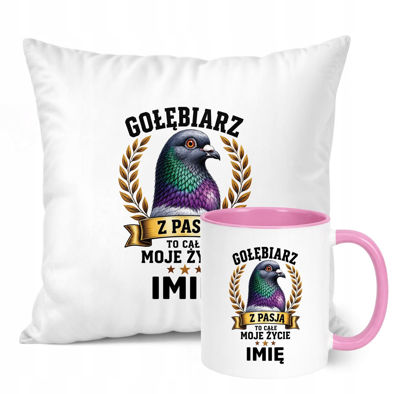 Zestaw Personalizowany Kubek Różowy Poduszka Z Nadrukiem Dla Gołębiarza