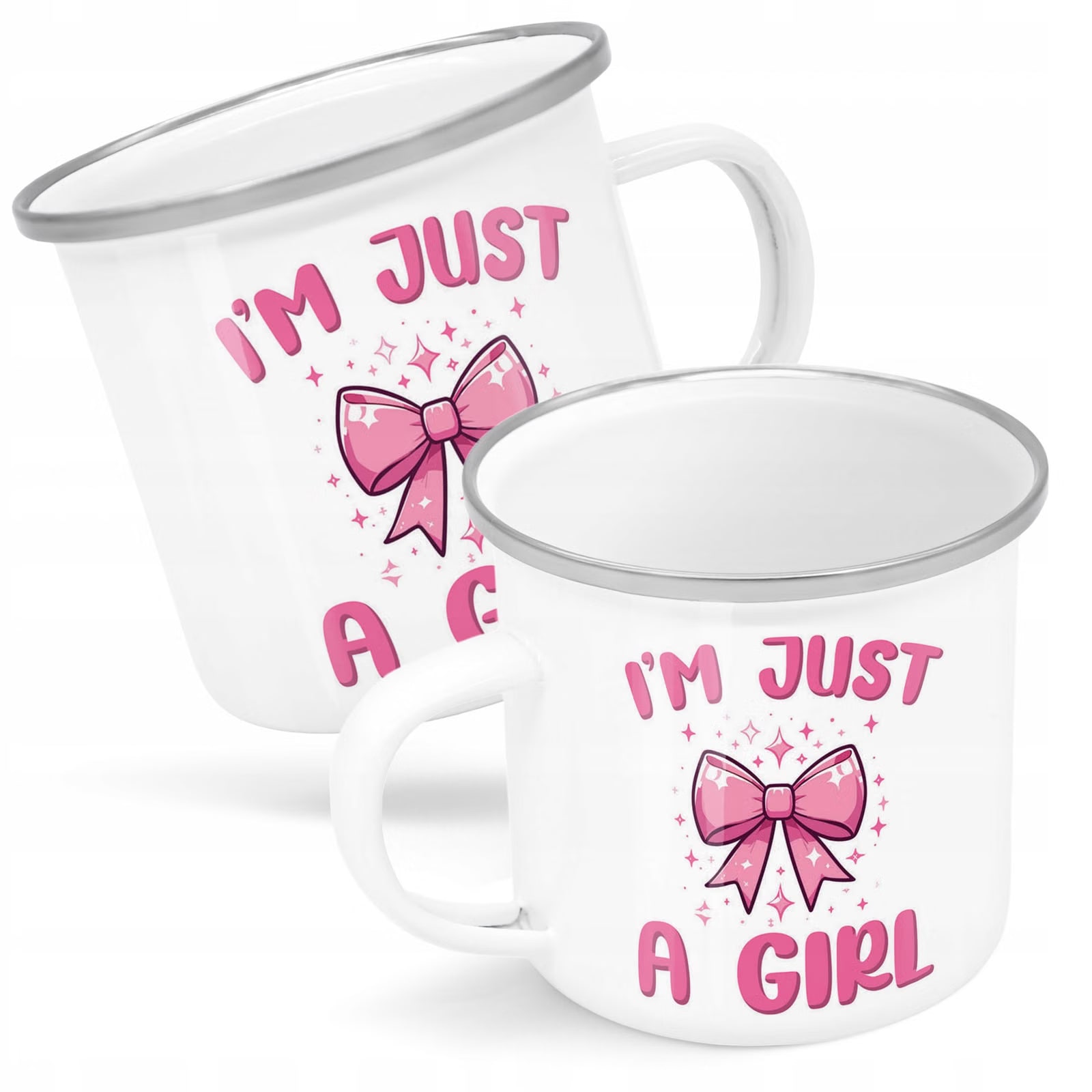Kubek Emaliowany I’M JUST A GIRL Zabawny z Nadrukiem Biały Metalowy