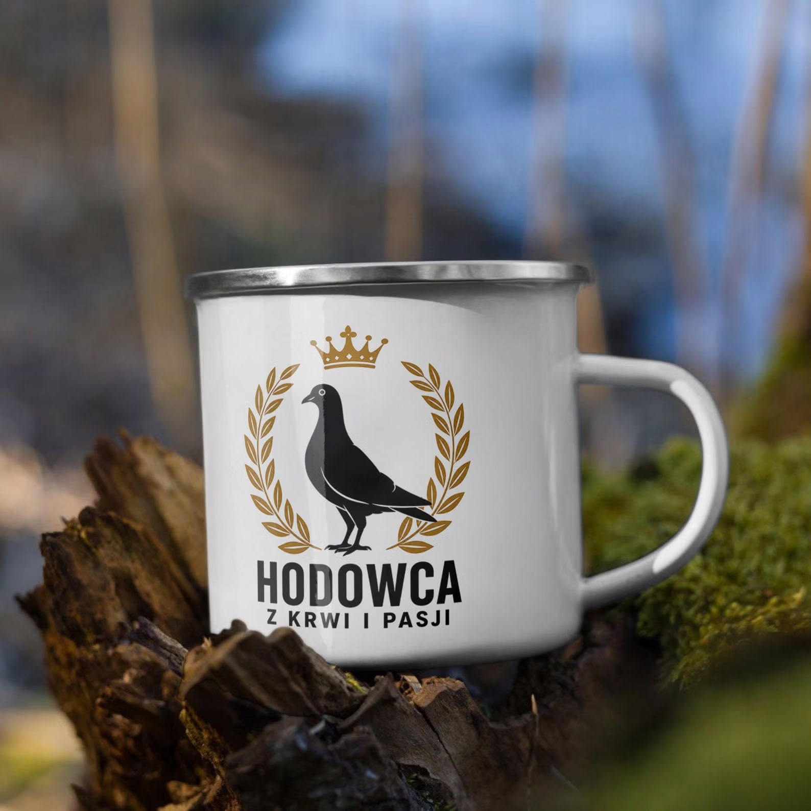 Kubek Emaliowany Dla Hodowcy Gołębi z Nadrukiem Biały Metalowy Prezent