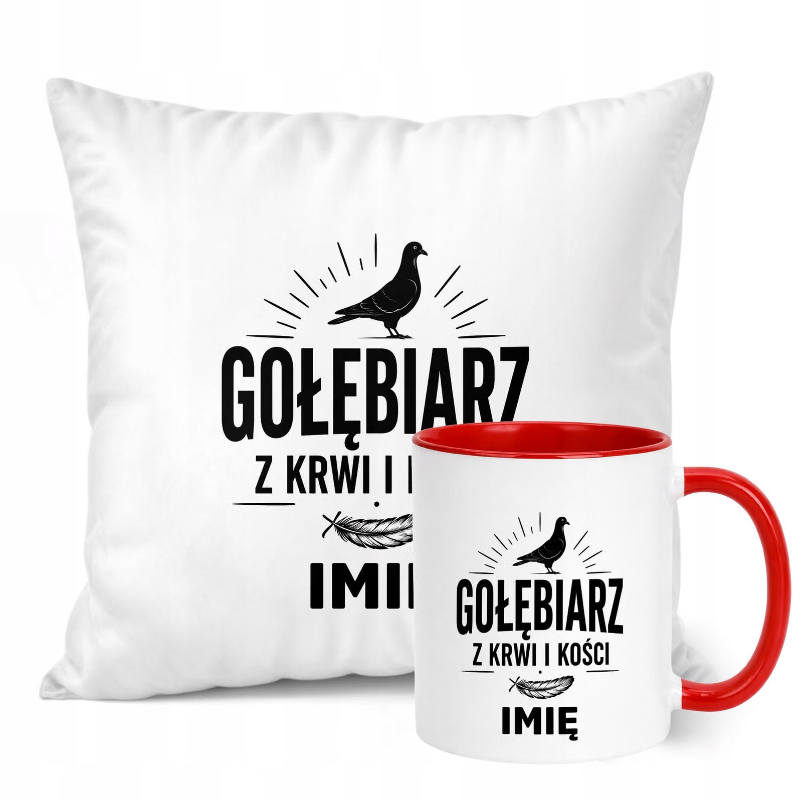 Zestaw Personalizowany Kubek Czerwony Poduszka Z Nadrukiem Dla Gołębiarza