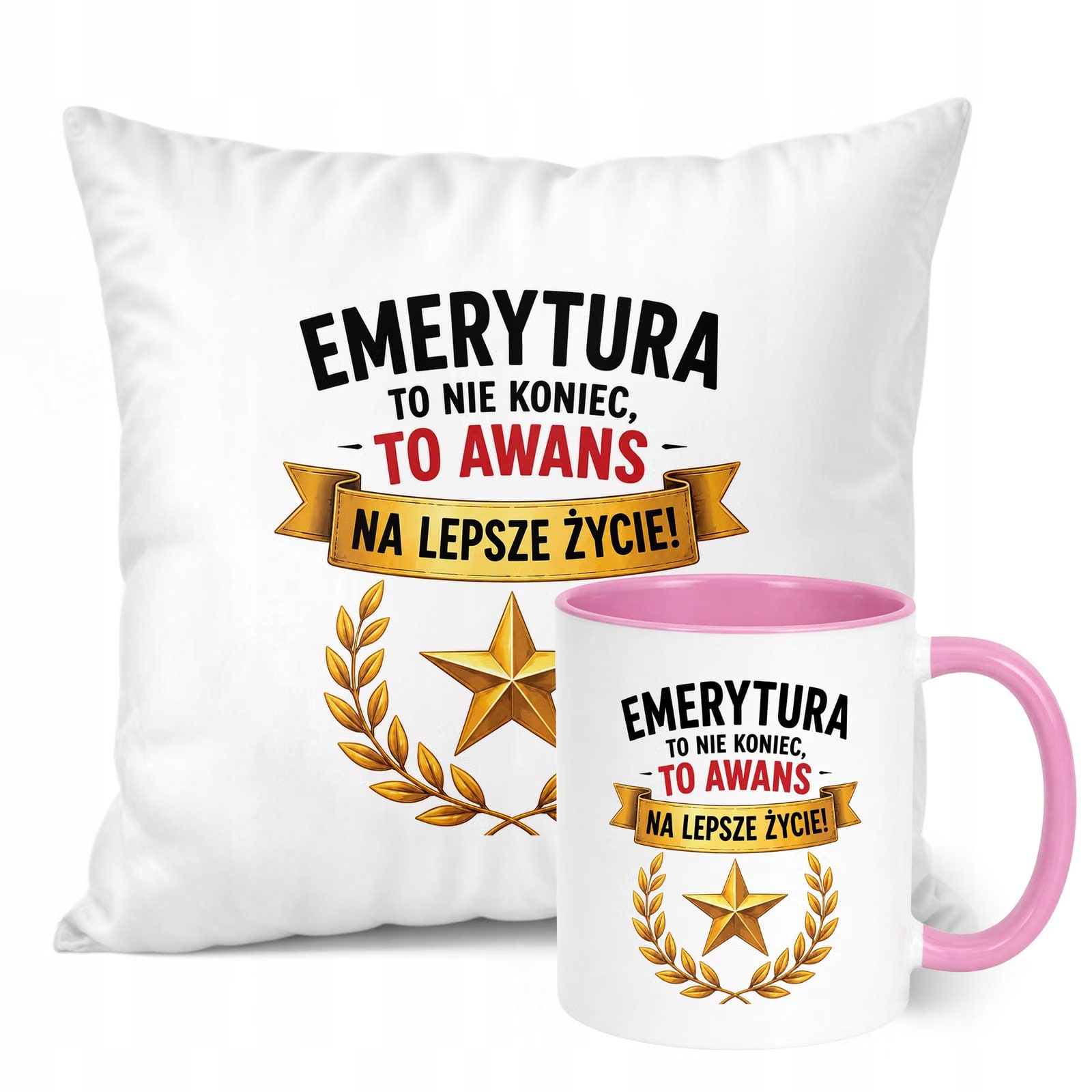 Zestaw Kubek Różowy Poduszka Z Nadrukiem Emerytura Prezent