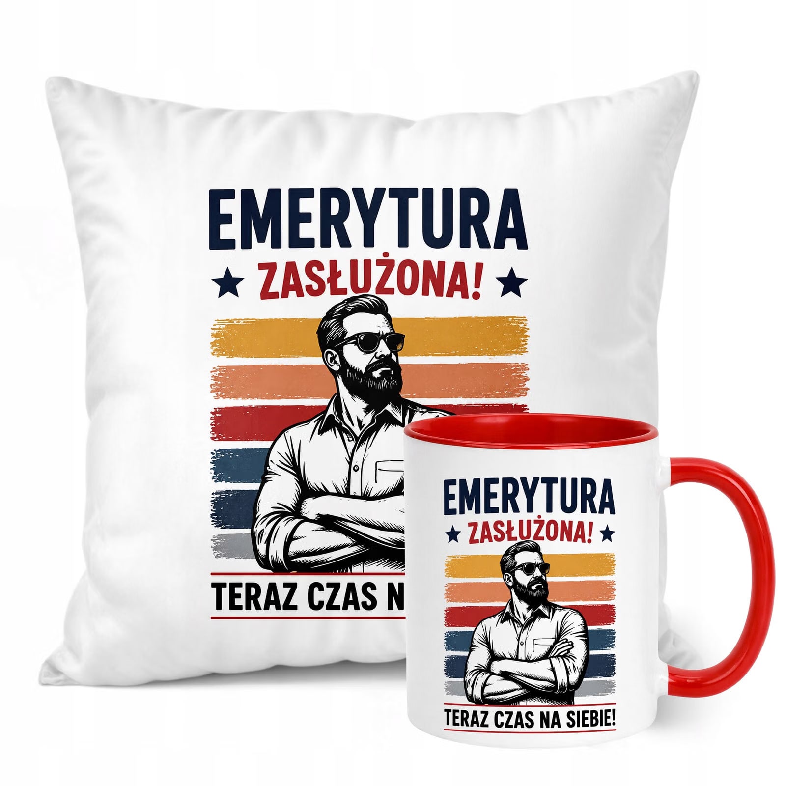Zestaw Kubek Czerwony Poduszka Z Nadrukiem Emerytura Dla Emeryta Prezent