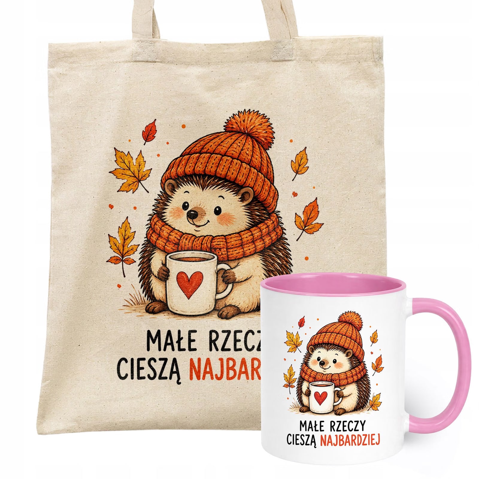 Zestaw Kubek Różowy Torba Shopper Ecru Z Nadrukiem Jesień Jesienny