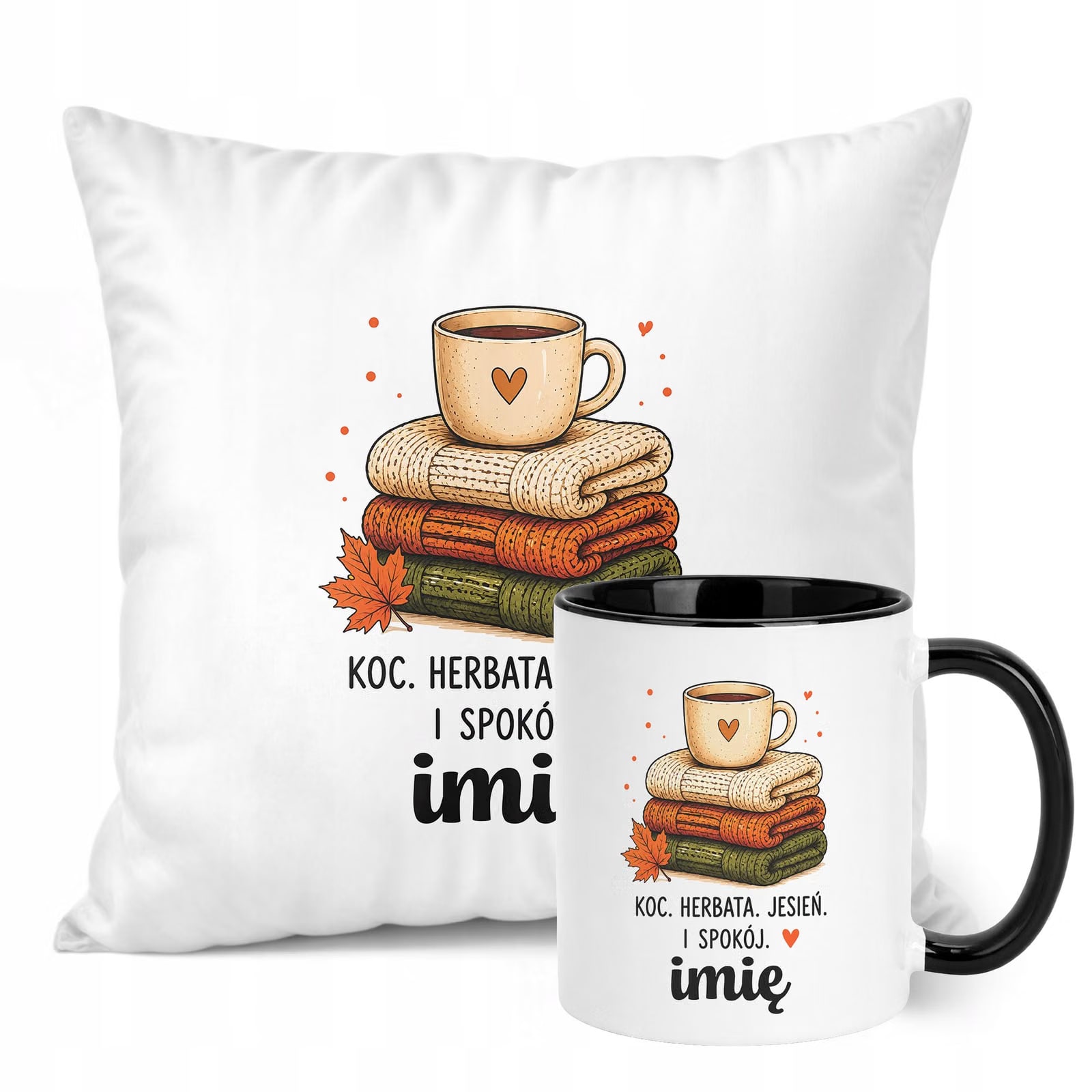 Zestaw Personalizowany Kubek Czarny Poduszka Jesień Jesienny Z Nadrukiem