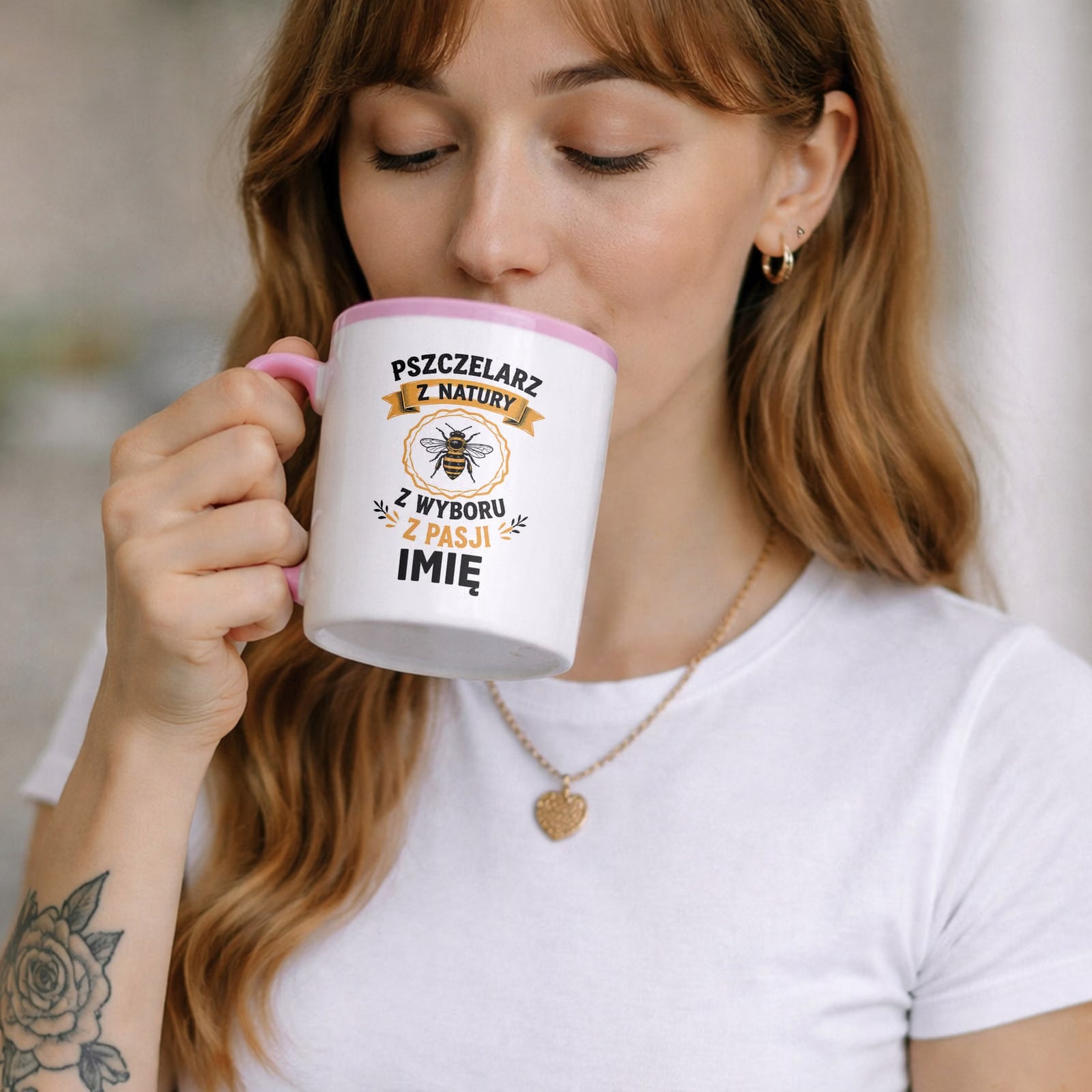 Zestaw Personalizowany Kubek Różowy Poduszka Z Nadrukiem Dla Pszczelarza
