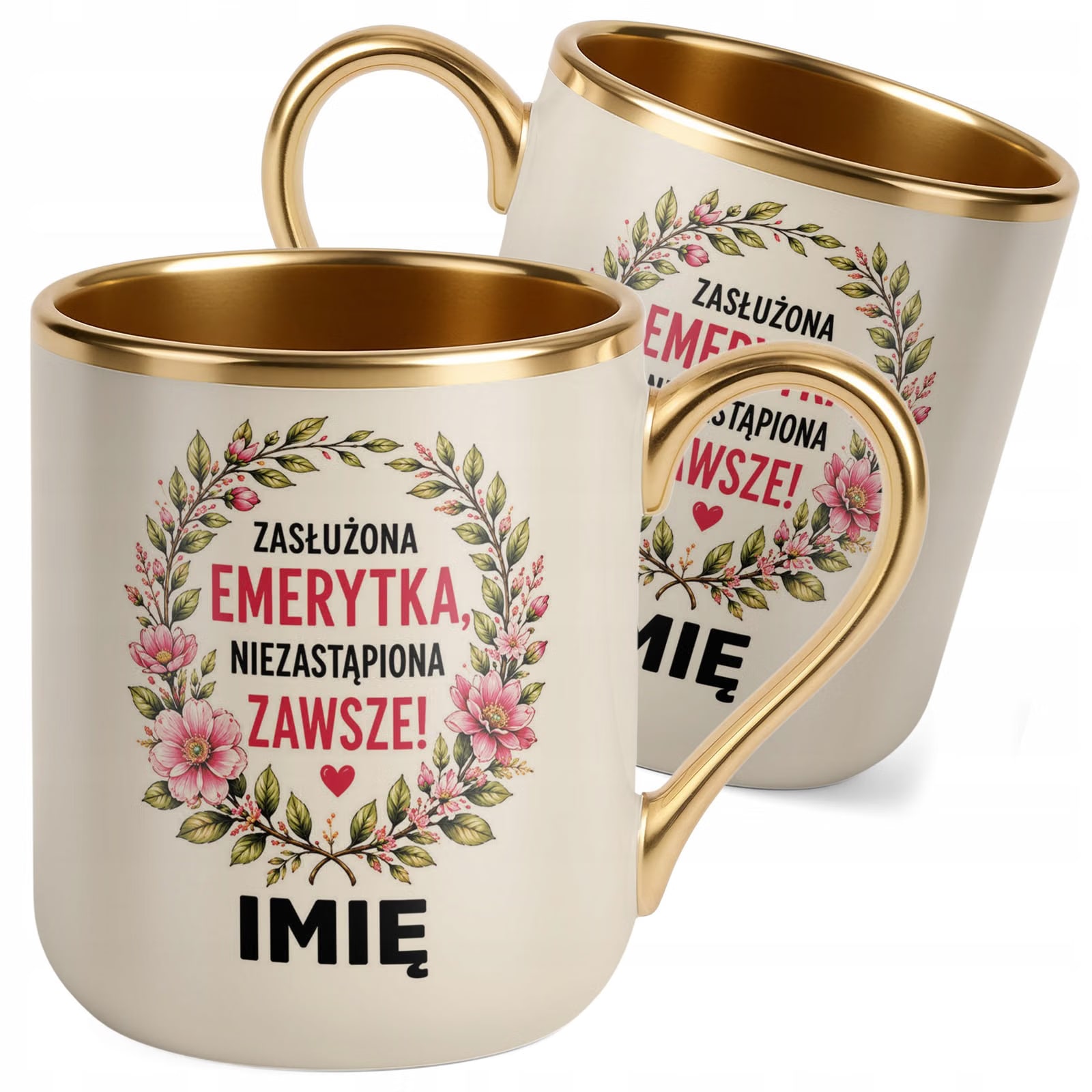 Kubek Personalizowany z nadrukiem Premium Złoty Ecru Emerytura Prezent