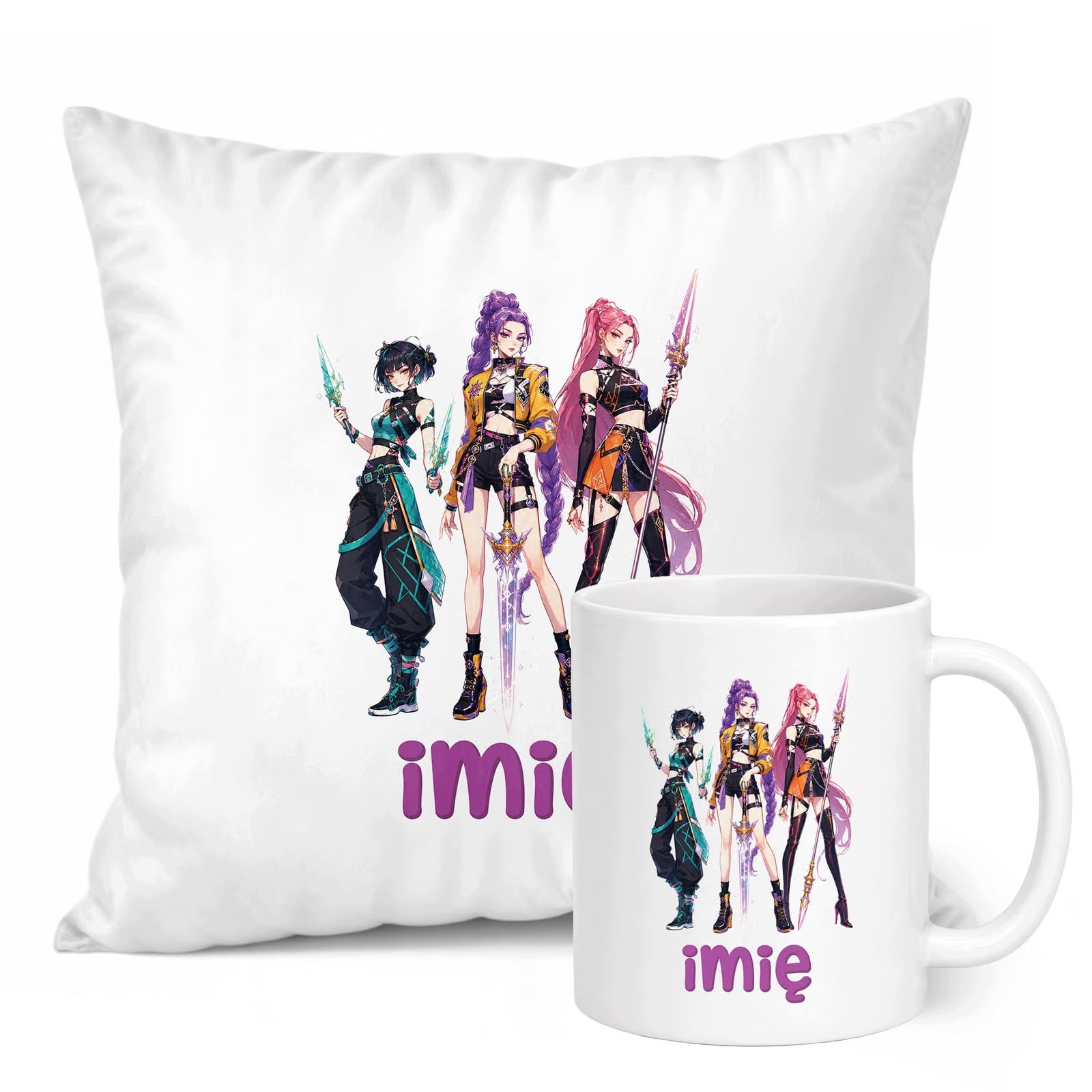 Zestaw Personalizowany Kubek Biały Poduszka Łowczynie Kpop Prezent