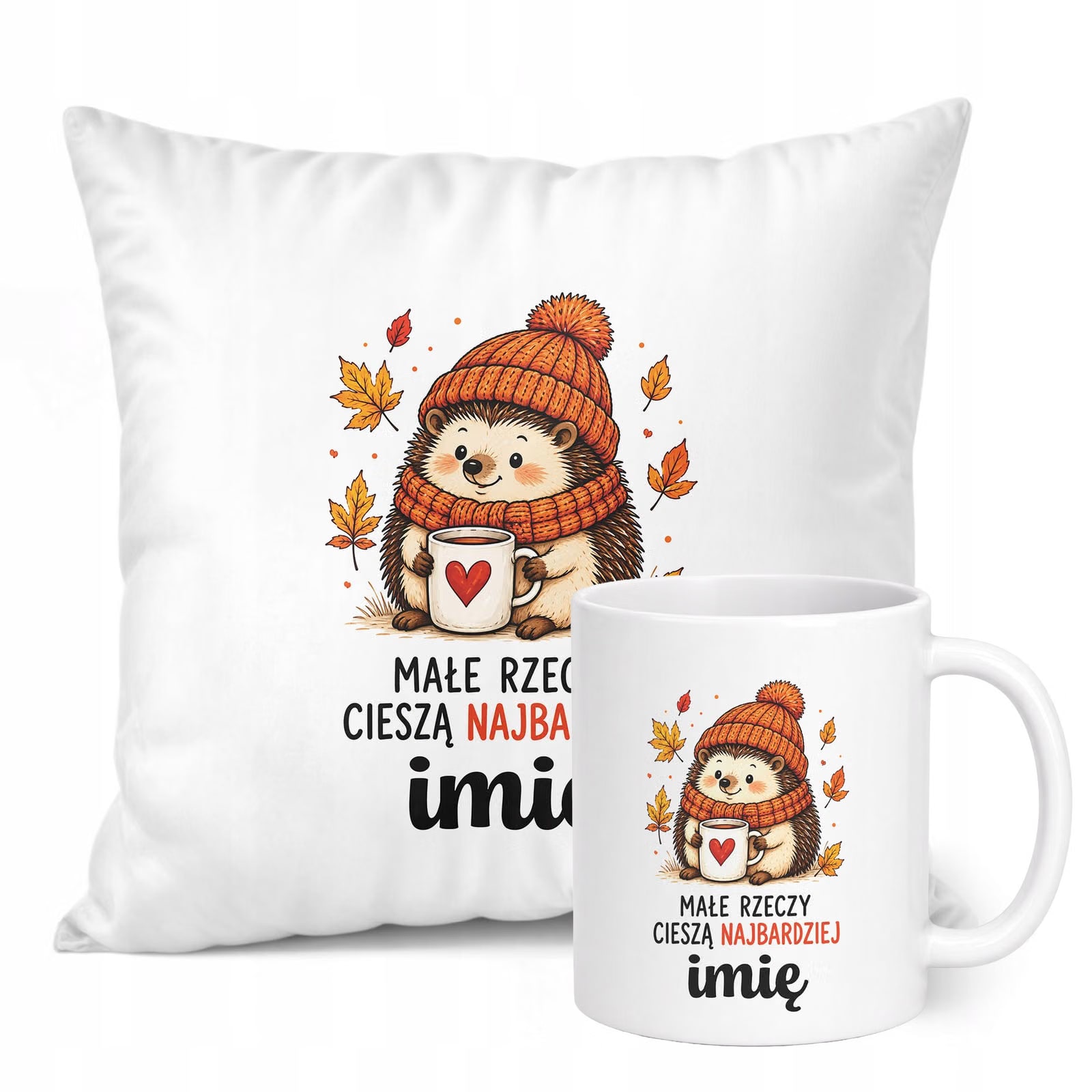 Zestaw Personalizowany Kubek Biały Poduszka Jesień Jesienny Z Nadrukiem