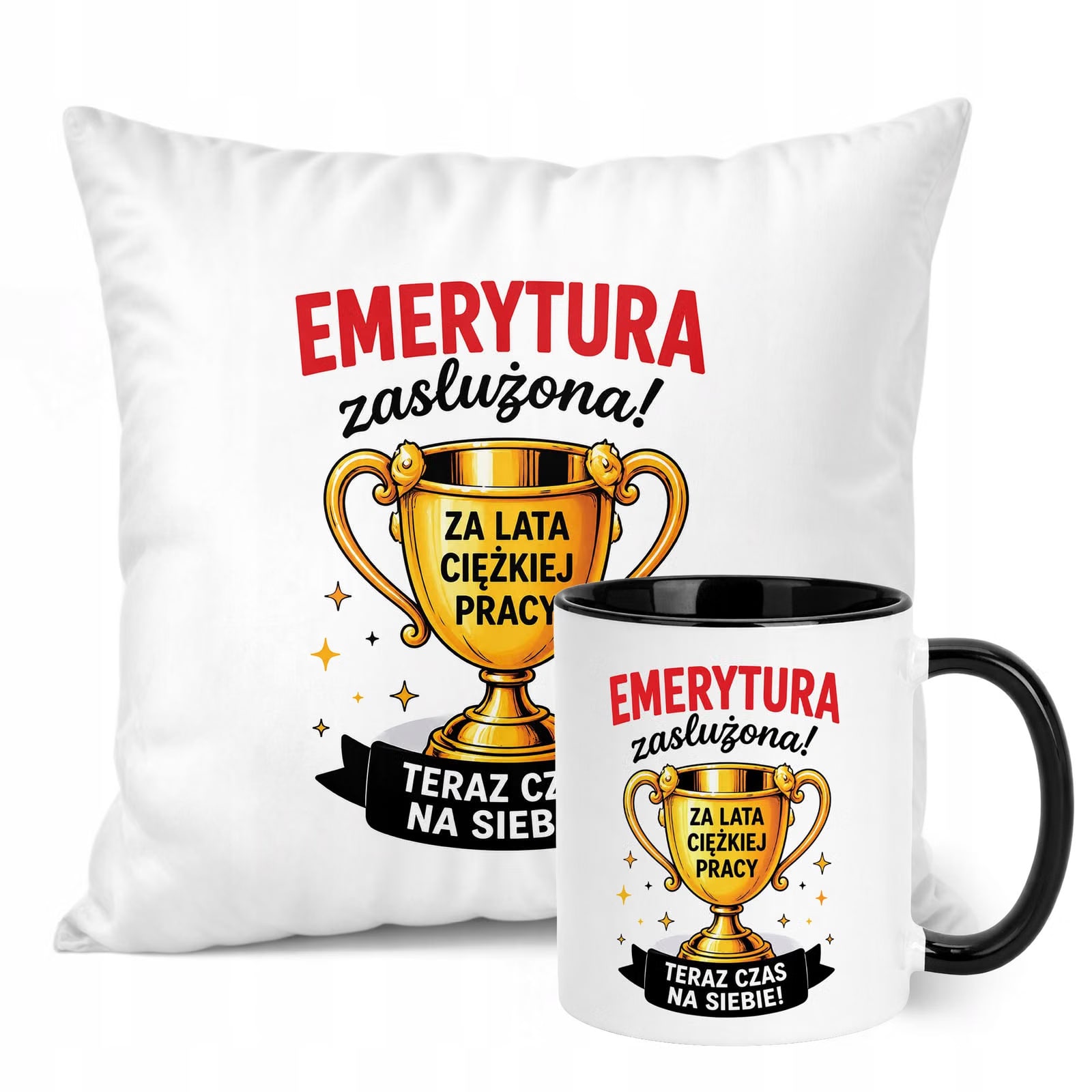 Zestaw Kubek Czarny Poduszka Z Nadrukiem Emerytura Prezent