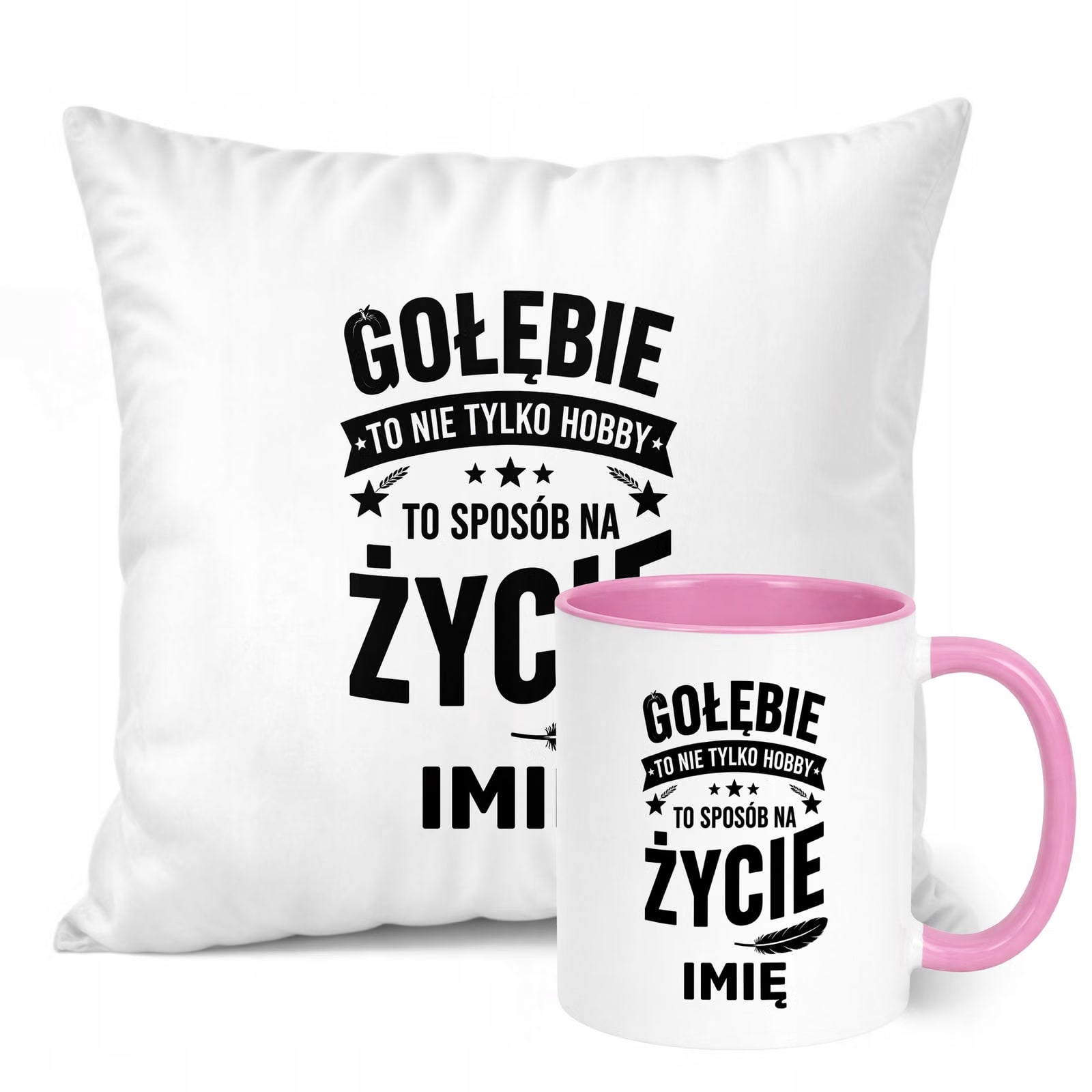 Zestaw Personalizowany Kubek Różowy Poduszka Z Nadrukiem Dla Gołębiarza