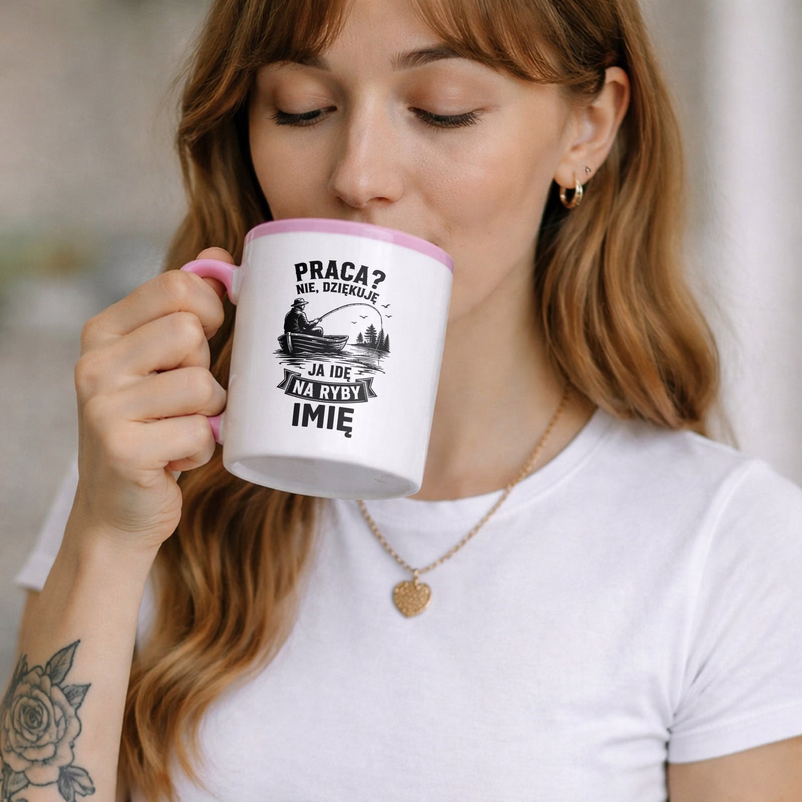 Zestaw Personalizowany Kubek Różowy Poduszka Z Nadrukiem Dla Wędkarza