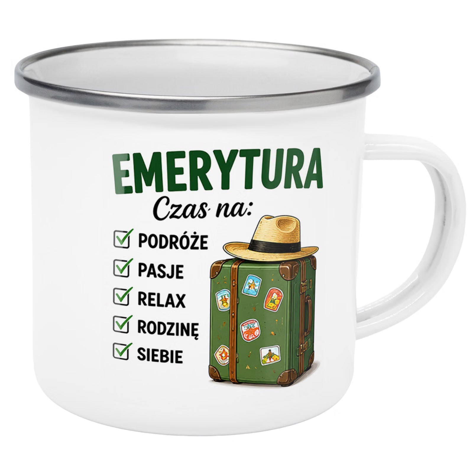Kubek Emaliowany Emerytura z Nadrukiem Biały Metalowy Prezent