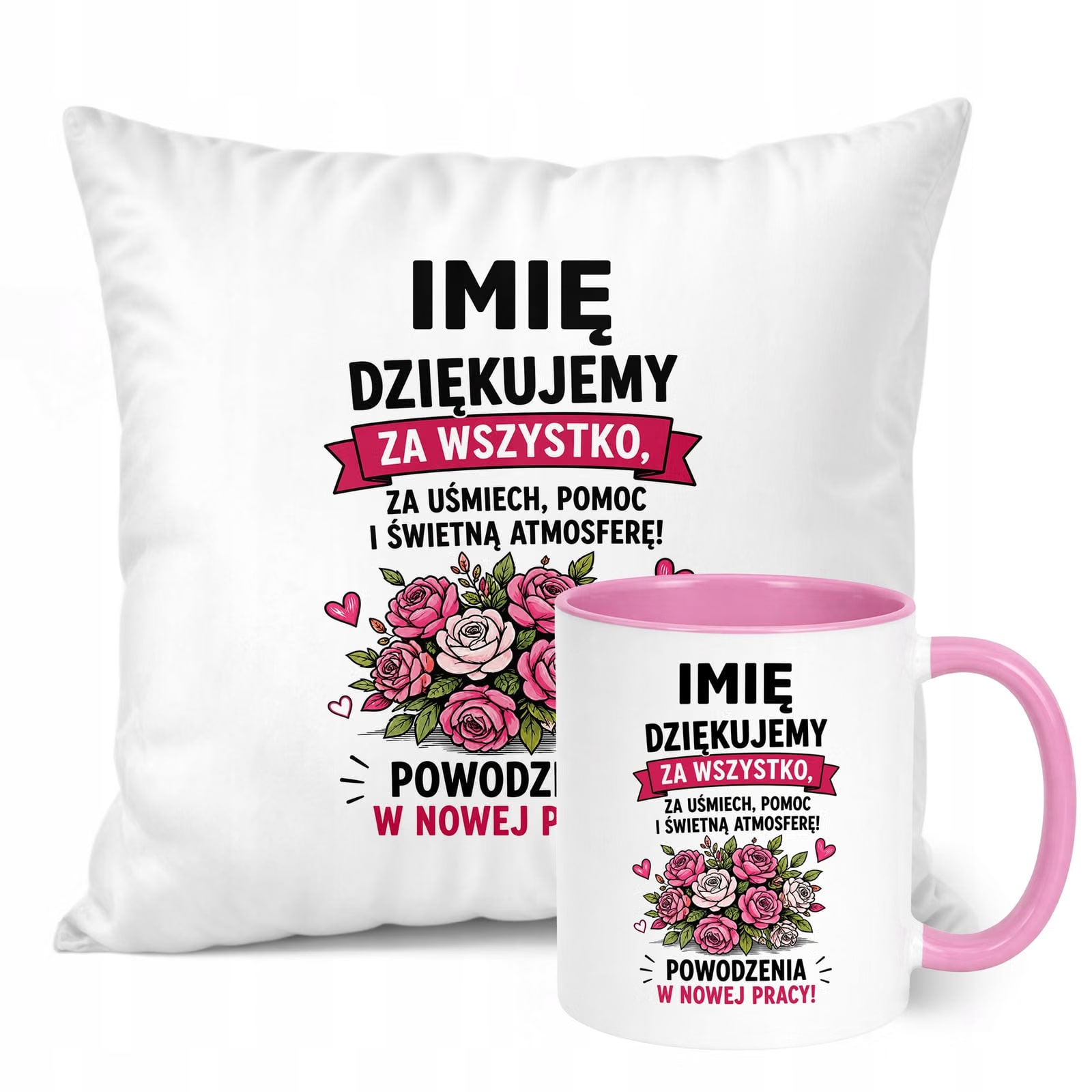Zestaw Personalizowany Kubek Różowy Poduszka Odejście z Pracy Prezent