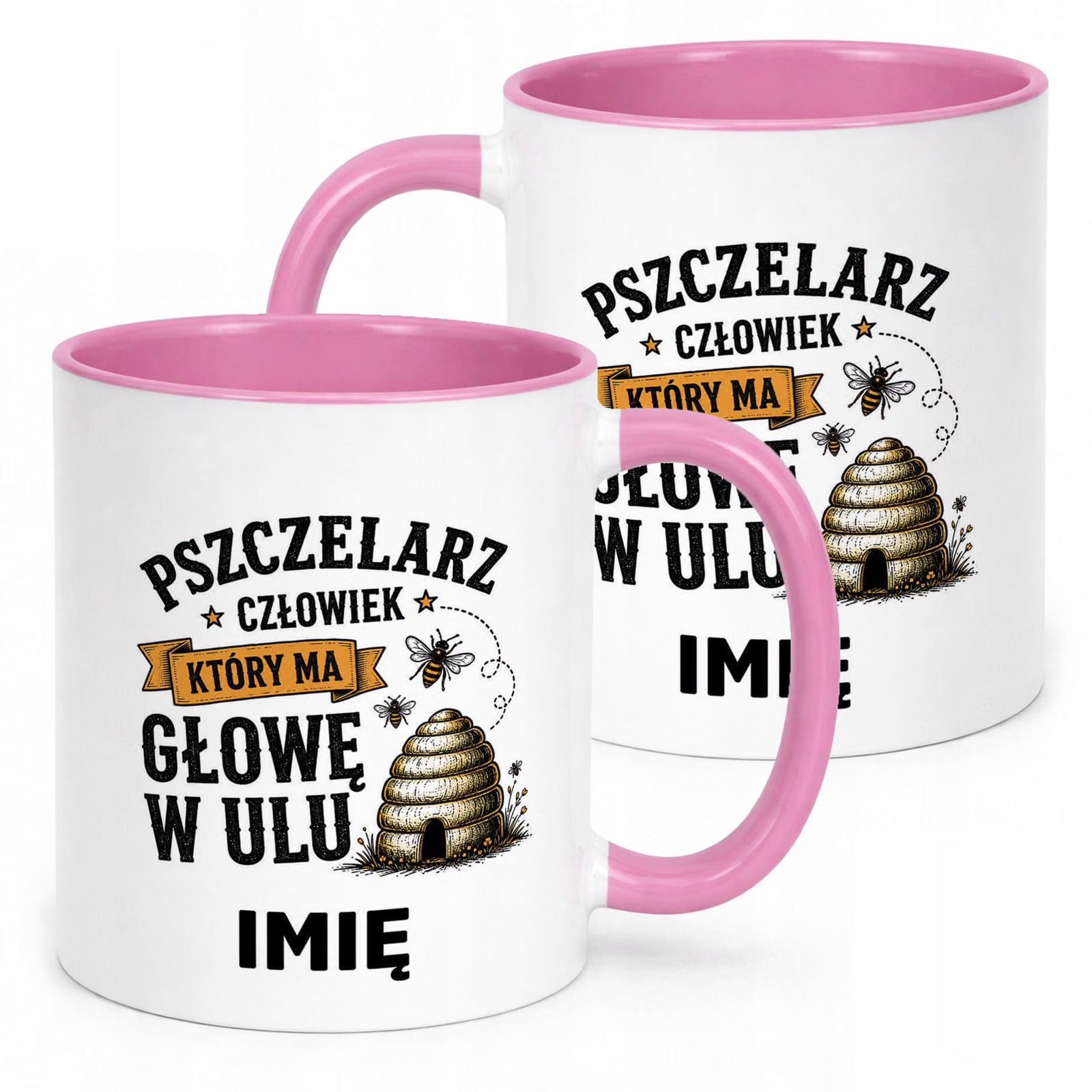 Różowy Kubek Personalizowany z nadrukiem Dla Pszczelarza Upominek Prezent