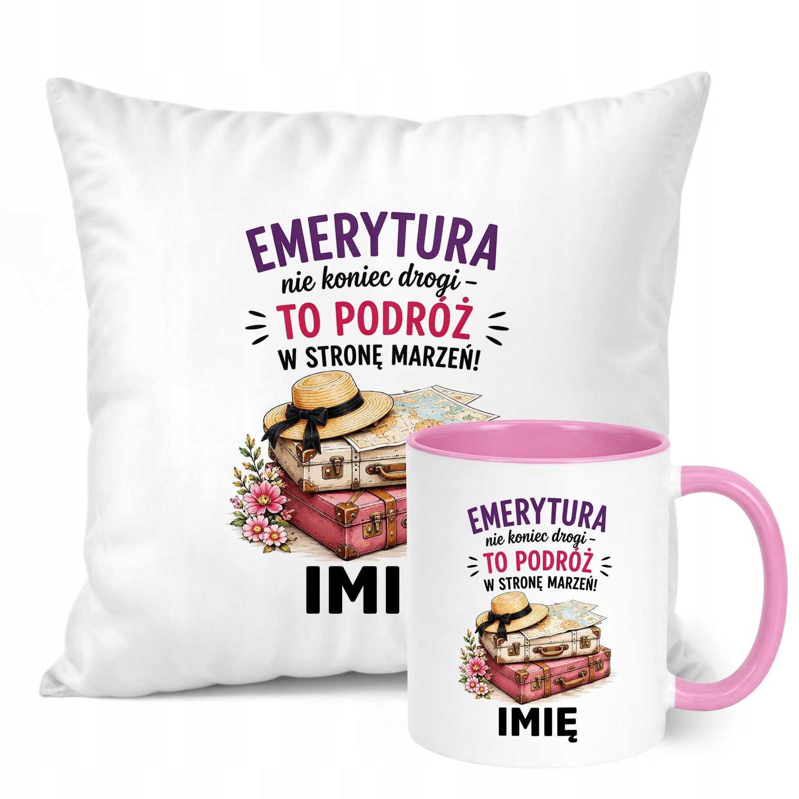 Zestaw Personalizowany Kubek Różowy Poduszka Emerytura Upominek Prezent