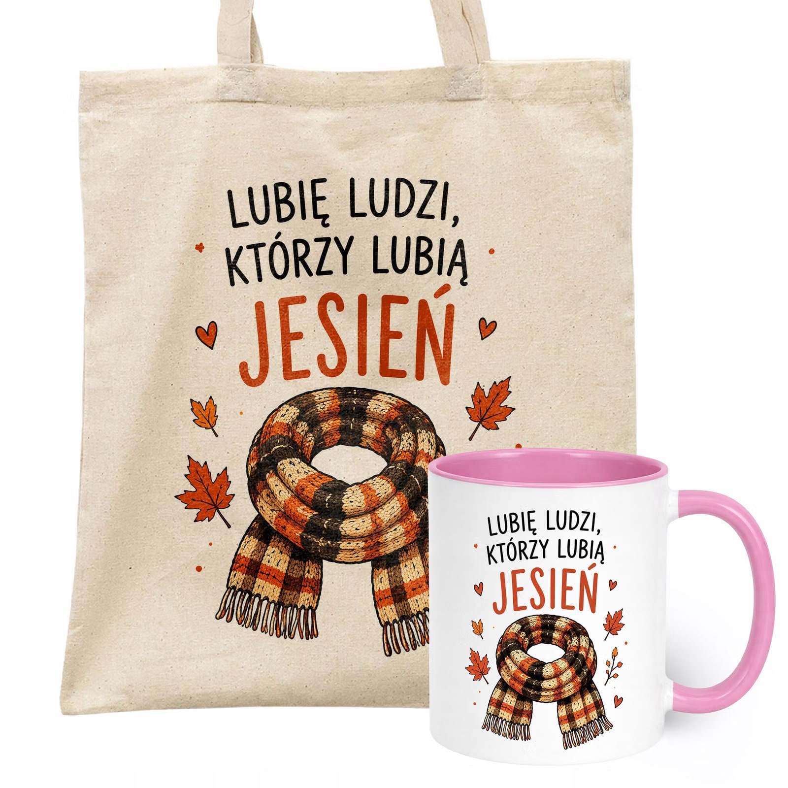 Zestaw Kubek Różowy Torba Shopper Ecru Z Nadrukiem Jesień Jesienny