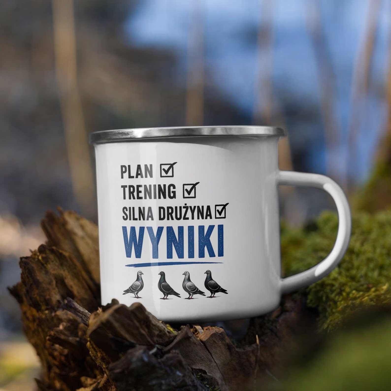 Kubek Emaliowany Dla Hodowcy Gołębi z Nadrukiem Biały Metalowy Prezent