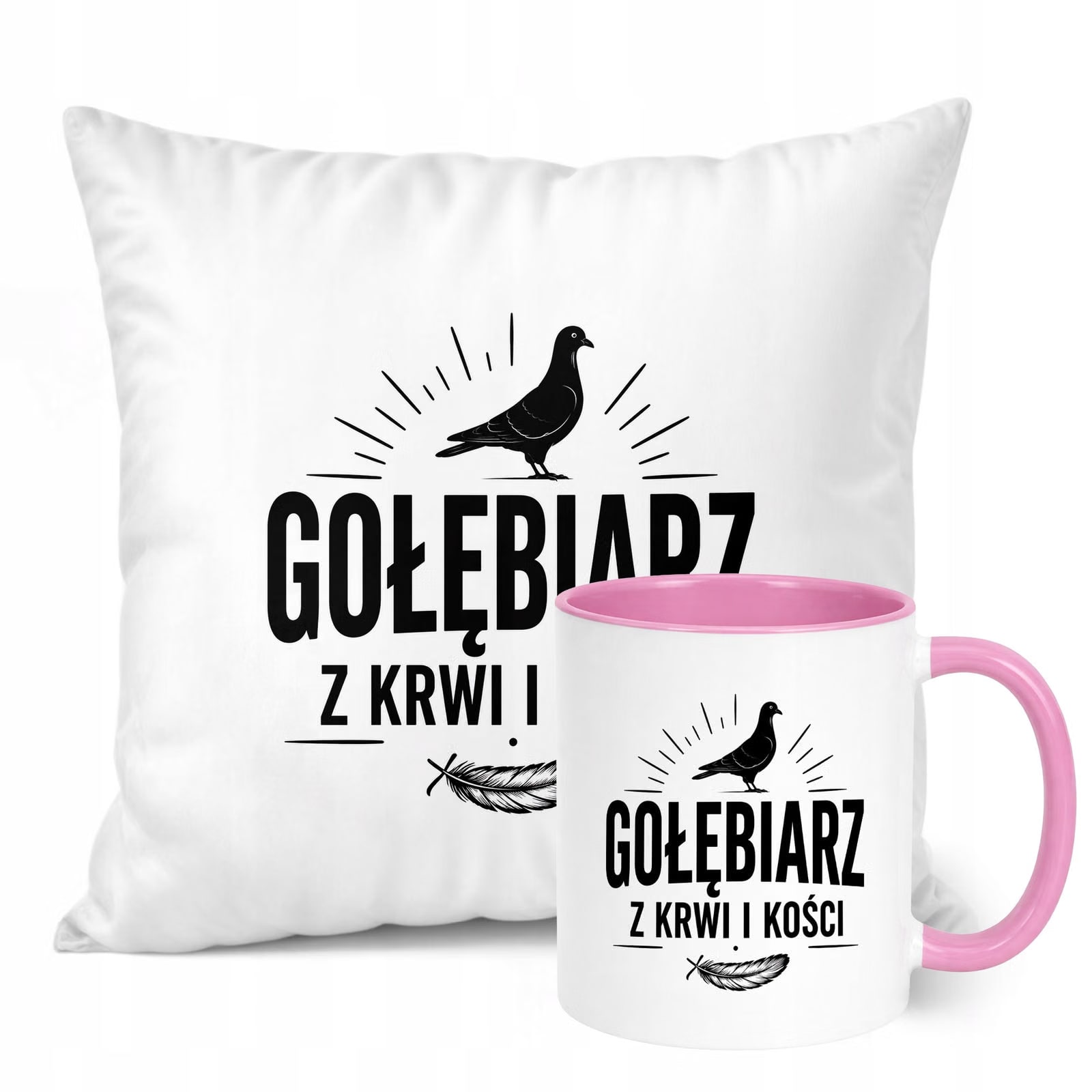 Zestaw Kubek Różowy Poduszka Z Nadrukiem Dla Gołębiarza Prezent